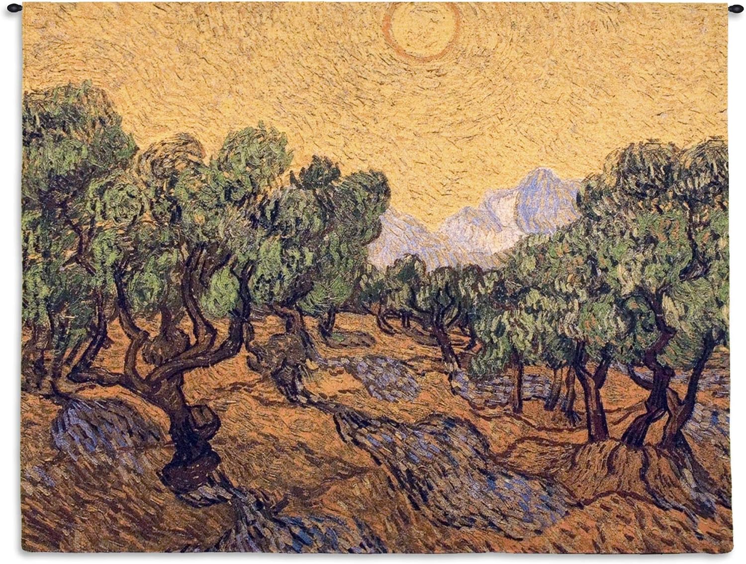 Olive Trees with Yellow Sky and Sun by Vincent van Gogh | Woven Tapestry Wall Art Hanging | Wild Olive Trees in Bright Sun | 100% Cotton USA Size 53x40