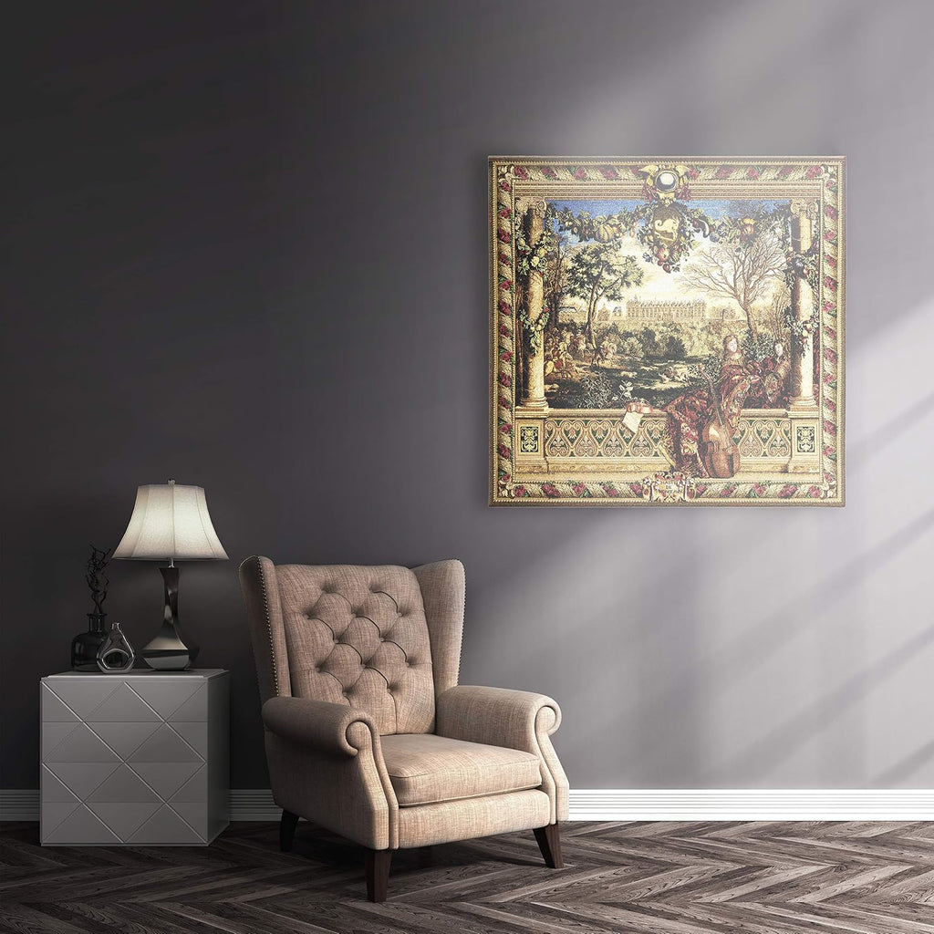 Le Chateau de Monceau by Louis Carrogis | Woven Tapestry Wall Art Hanging | Louis XIV Palace Garden with String Musicians | 100% Cotton USA Size 53x53