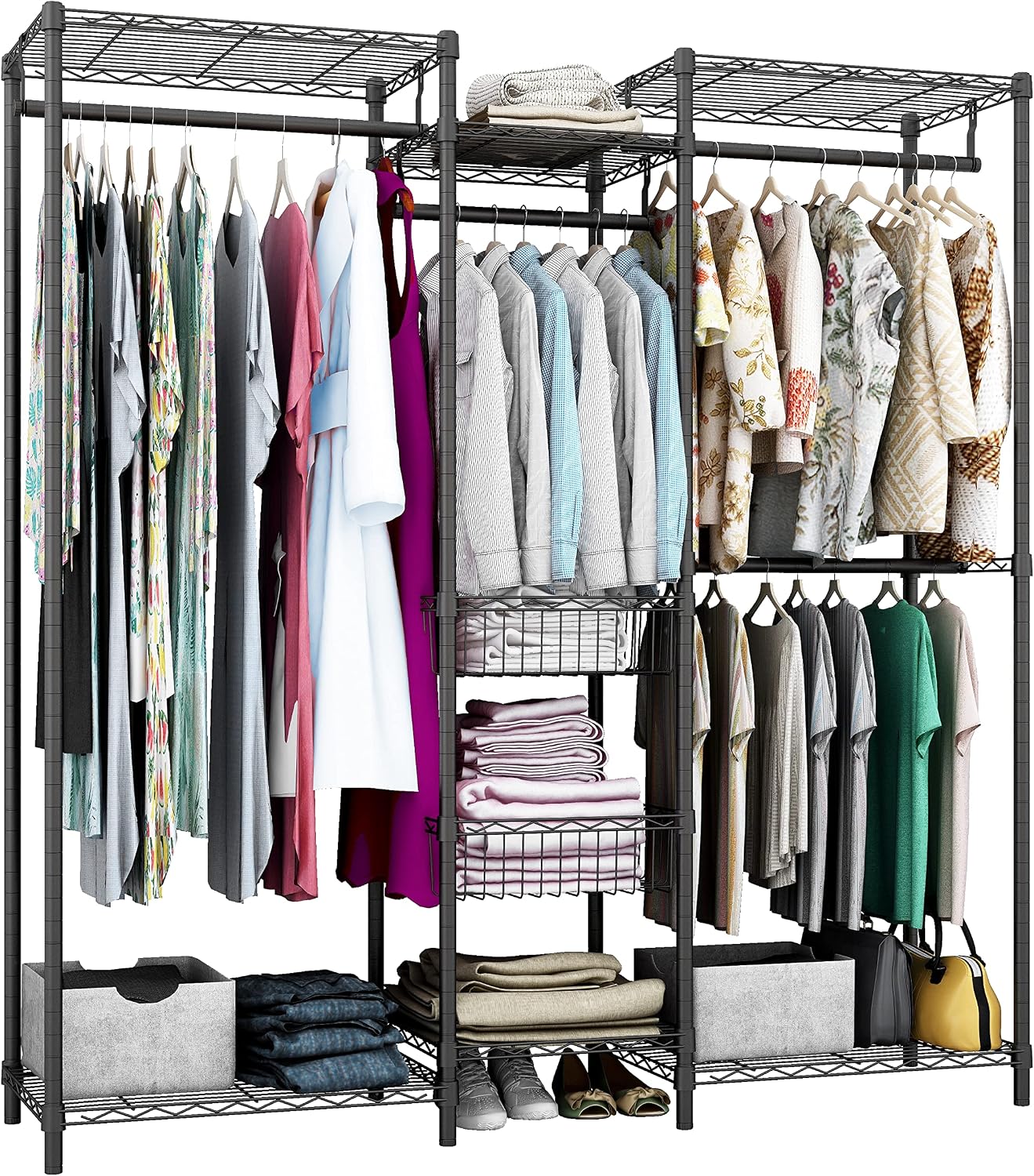 Xiofio Freestanding Heavy Duty Clothes Rack, Wire Clothing Rack with Hanging Rod,Adjustable Shelves & 2 Slid Fixed Baskets,60.7' L x 15.7' W x 75.6' H Max Load 720LBS,Black.