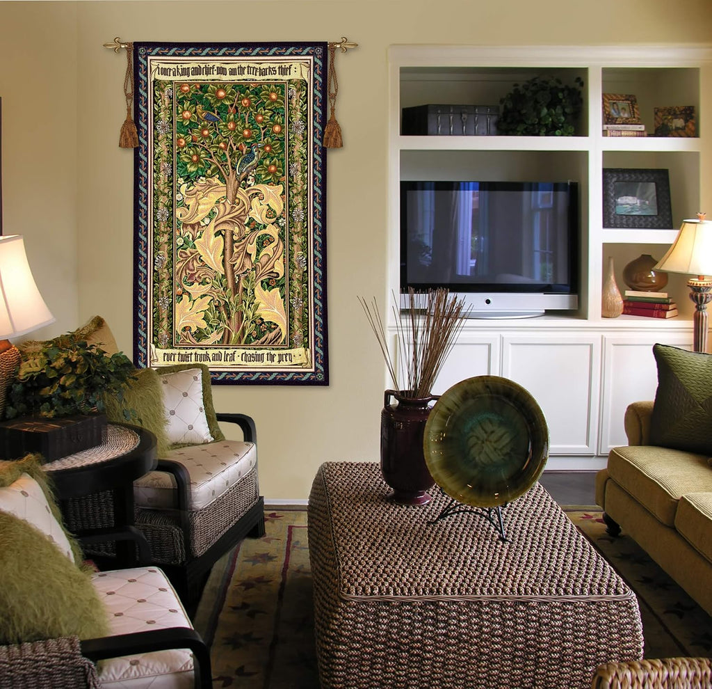 Woodpecker Gold by William Morris | Arts and Crafts Style Woven Tapestry Wall Art Hanging | Woodpeckers Stealing Fruit among Acanthus Leaves | 100% Cotton USA Size 72x41