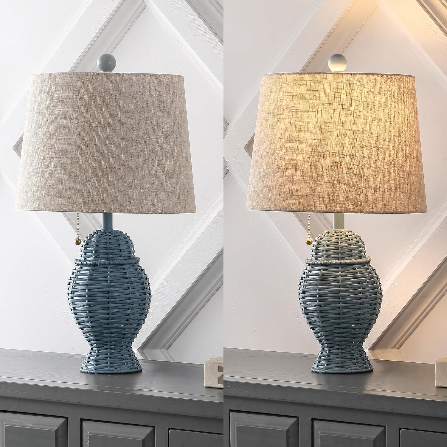 JONATHAN Y 20.5' Blue Wicker Table Lamp Set of 2, Bohemian Rustic Farmhouse Bedside Lamps for Living Room, Nightstand Desk Lamps with Beige Linen Shade, LED Bulbs Included (JYL4041B-SET2)
