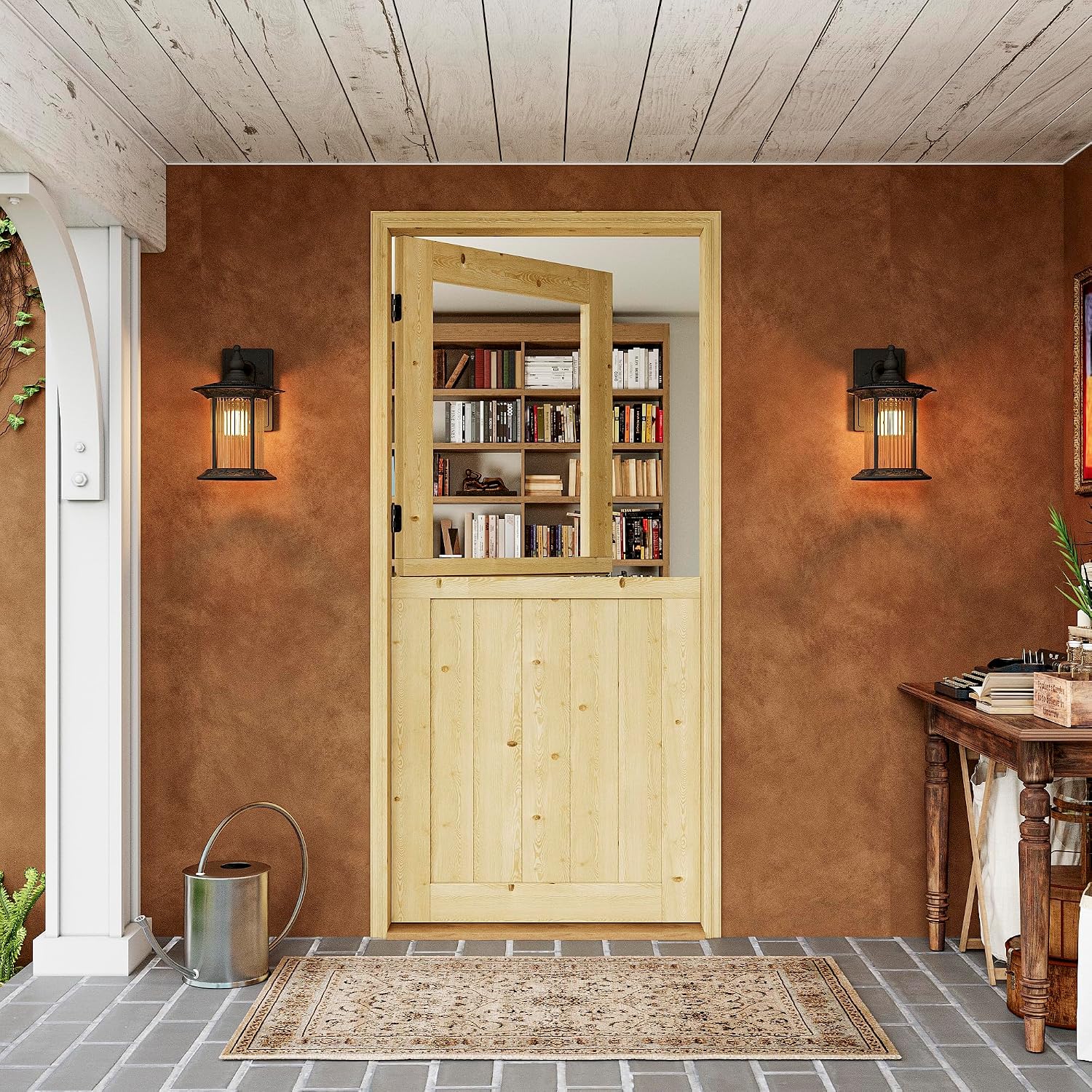 Interior & Exterior Dutch Door Slab, 36' x 80', Universal Tempered Clear Glass Split Single Doors, Solid Core Home Door, Natural Pine Wood - with 4 Black Hinges & 1 Latch, Without Jamb