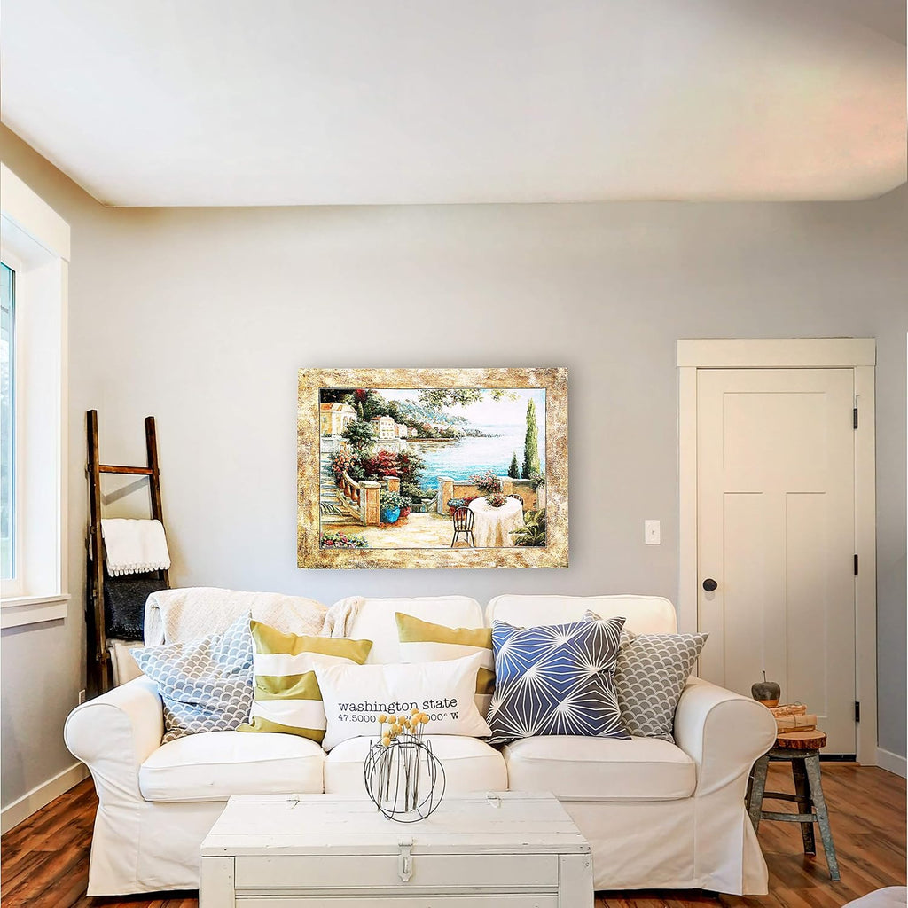 Mediterranean Terrace II by Vivian Flasch | Woven Tapestry Wall Art Hanging | Italian Villa Seaside Coastal Theme | 100% Cotton USA Size 54x41