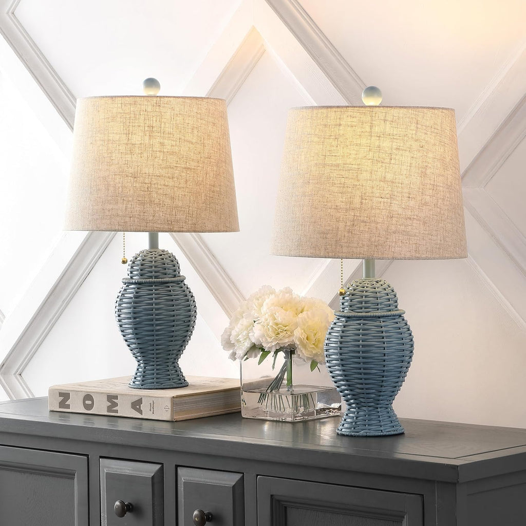 JONATHAN Y 20.5' Blue Wicker Table Lamp Set of 2, Bohemian Rustic Farmhouse Bedside Lamps for Living Room, Nightstand Desk Lamps with Beige Linen Shade, LED Bulbs Included (JYL4041B-SET2)