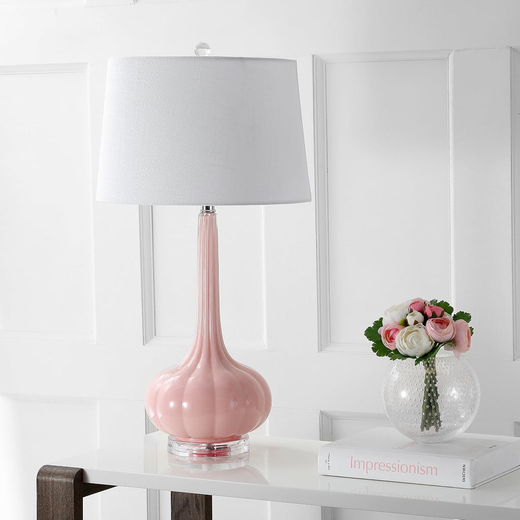 Eyely EYL1079A-SET2 Manhattan 28.5' Glass Teardrop LED Table Lamp for Reading Room, Living Room, Office, Bedroom, Contemporary, Transitional, Pink (Set of 2)