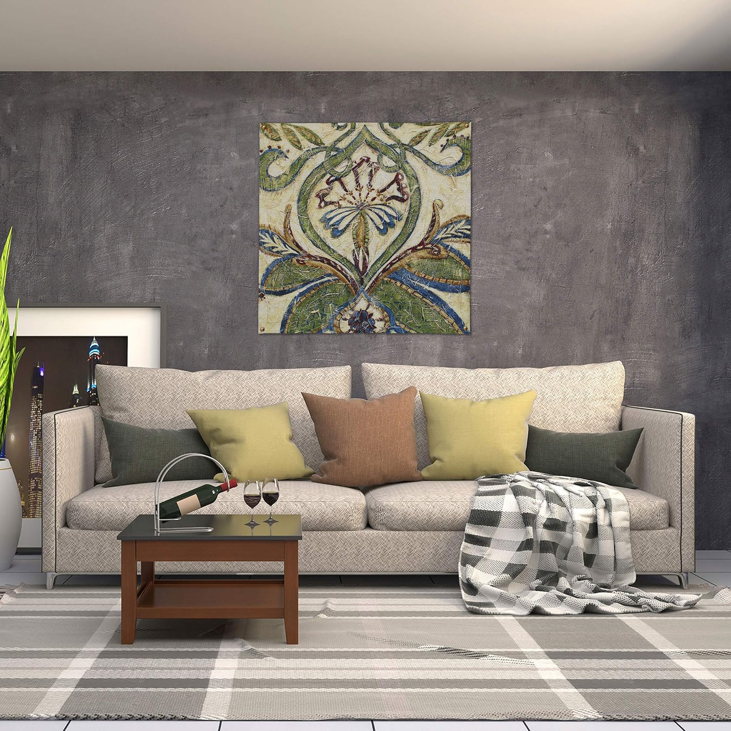 Textured Tapestry II by Chariklia Zarris | Woven Tapestry Wall Art Hanging | Plant Design with Loam Persian Motifs | 100% Cotton USA Size 31x31