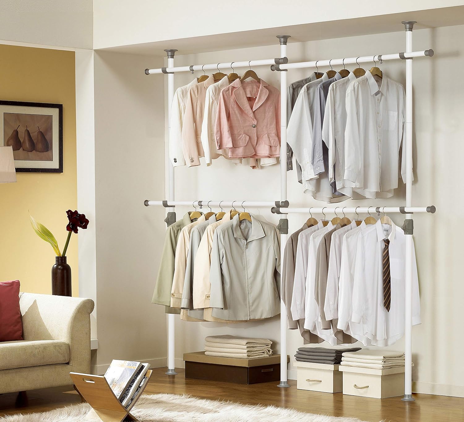 PRINCE HANGER Tension Pole Closet System — No-Renovation Hanging Storage Rack, 4-Tier Expandable Design (PHUS-0033)