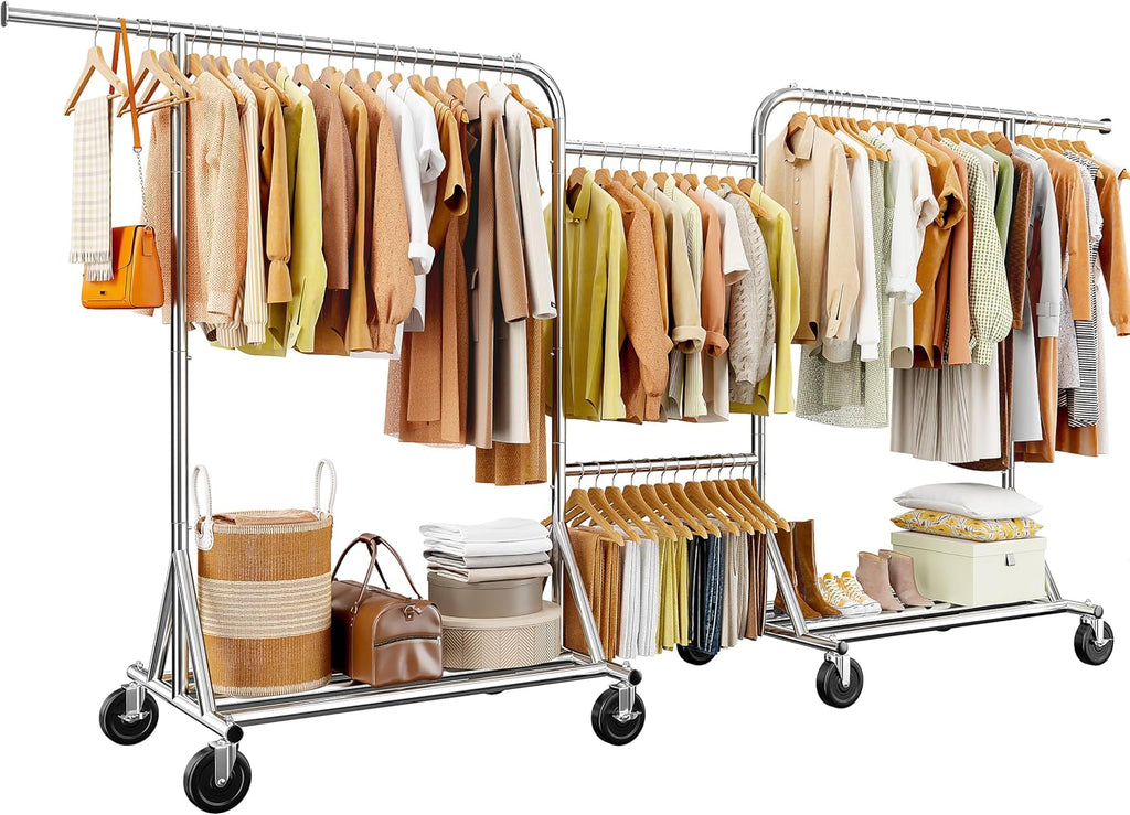 Raybee Heavy-Duty Clothes Rack, 117' W Rolling Rack with Wheels, 600 LBS Load Capacity, Holds 240+ Clothes, Portable, Adjustable, Commercial Garment Rack