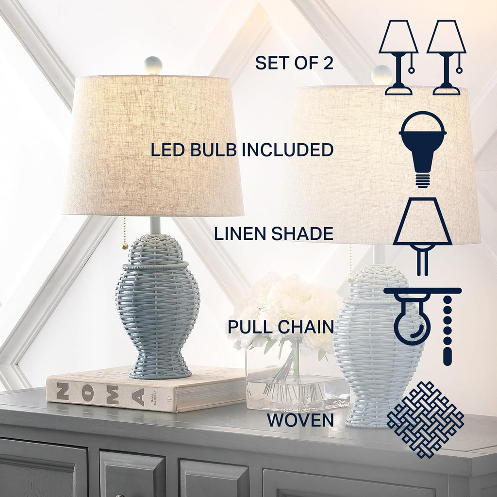 JONATHAN Y 20.5' Blue Wicker Table Lamp Set of 2, Bohemian Rustic Farmhouse Bedside Lamps for Living Room, Nightstand Desk Lamps with Beige Linen Shade, LED Bulbs Included (JYL4041B-SET2)