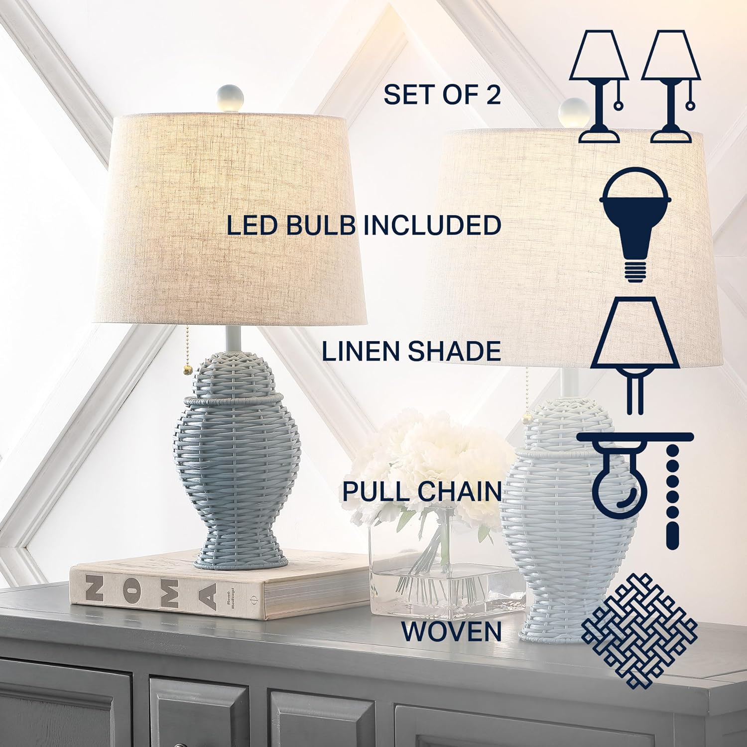 JONATHAN Y 20.5' Blue Wicker Table Lamp Set of 2, Bohemian Rustic Farmhouse Bedside Lamps for Living Room, Nightstand Desk Lamps with Beige Linen Shade, LED Bulbs Included (JYL4041B-SET2)