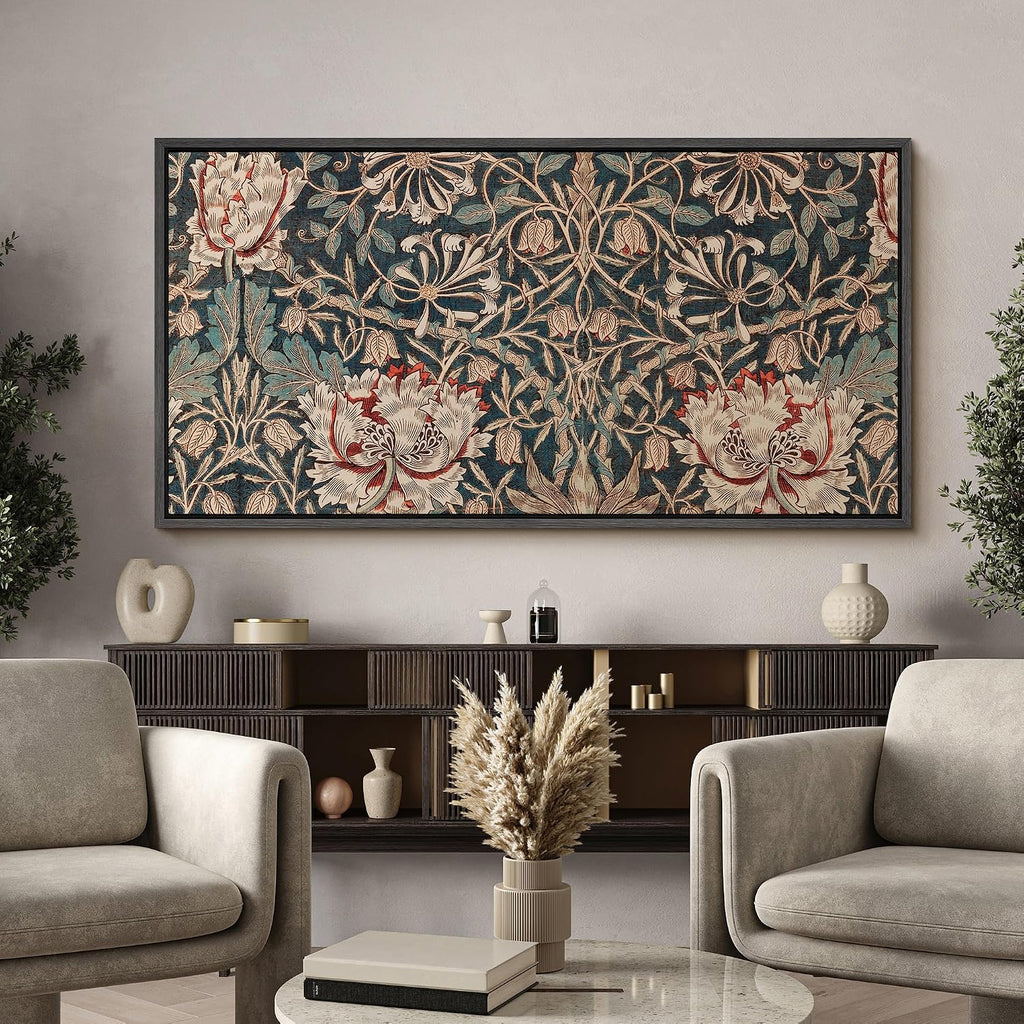 MUDECOR Extra Large Framed Canvas Print Wall Art William Morris Style Floral Tapestry Vintage Botanical Pattern Antique Retro Ready to Hang Painting for Living Room Bedroom Multi-Sizes - 60'x30'