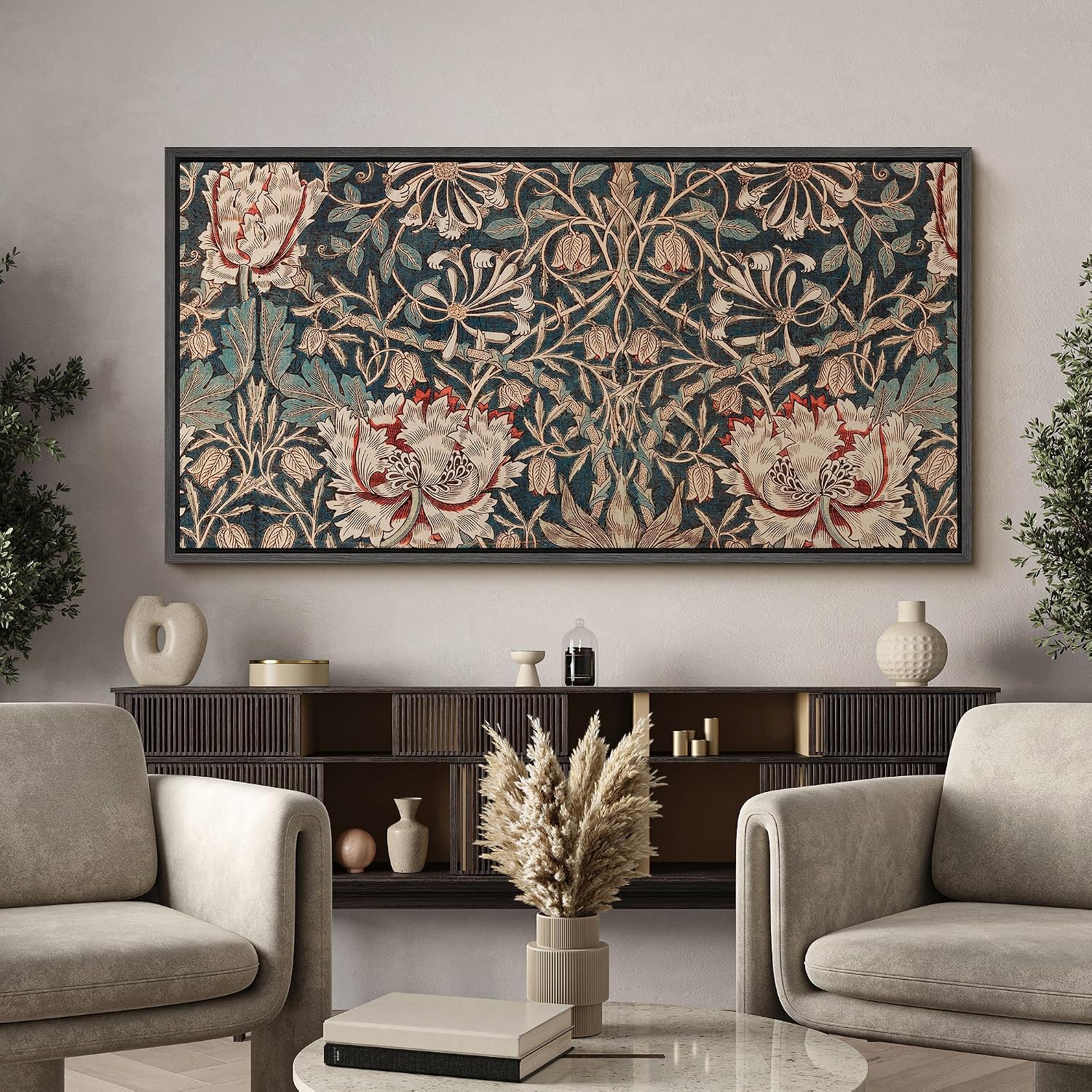 MUDECOR Extra Large Framed Canvas Print Wall Art William Morris Style Floral Tapestry Vintage Botanical Pattern Antique Retro Ready to Hang Painting for Living Room Bedroom Multi-Sizes - 60'x30'