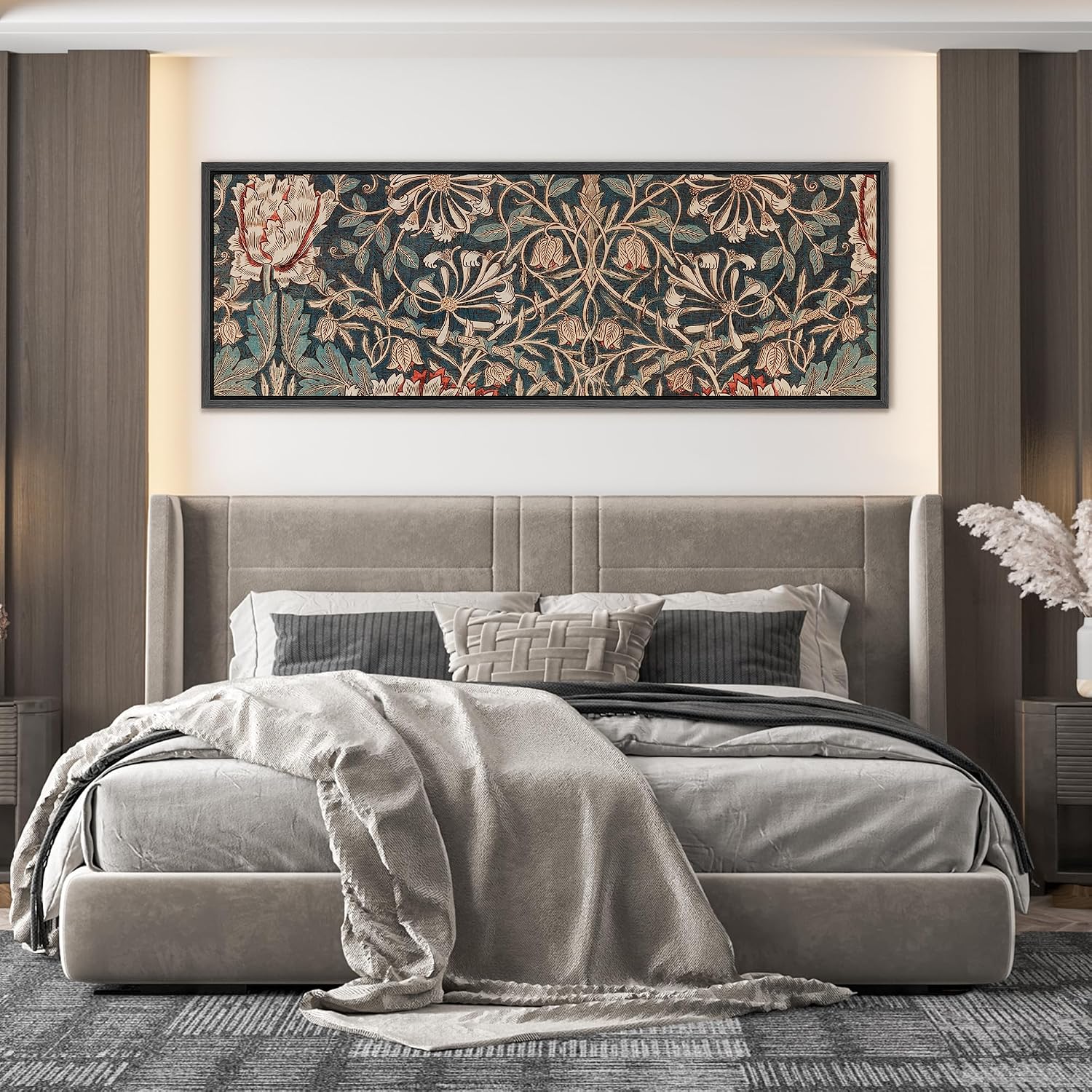 MUDECOR Large Framed Canvas Print Wall Art William Morris Style Floral Tapestry Vintage Botanical Pattern Antique Retro Ready to Hang Painting for Living Room Bedroom Multi-Sizes - 60'x20'