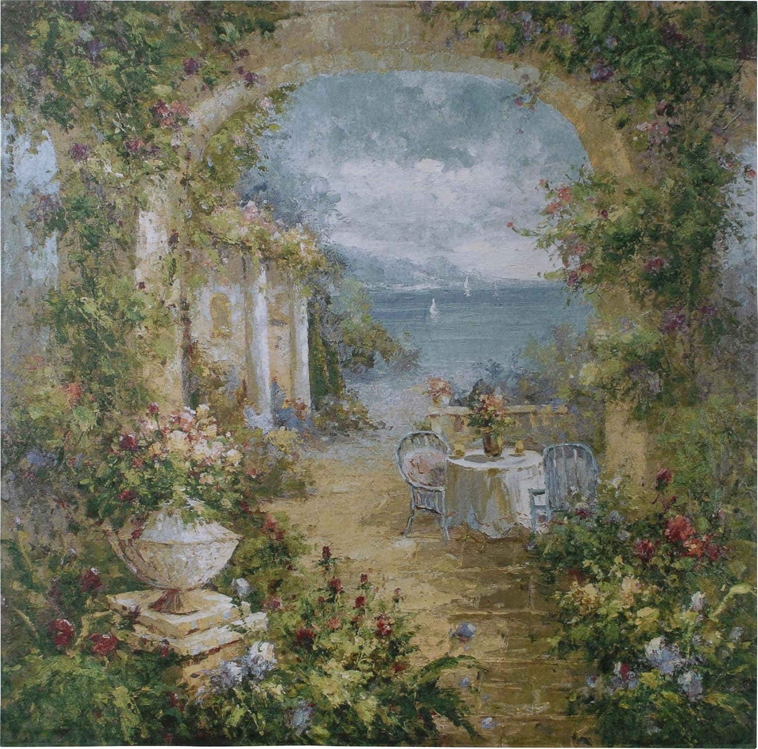 Mediterranean Arches II | Woven Tapestry Wall Art Hanging | Tuscan Villa Cerulean Seascape with Majestic Arches | 100% Cotton USA Size 35x35