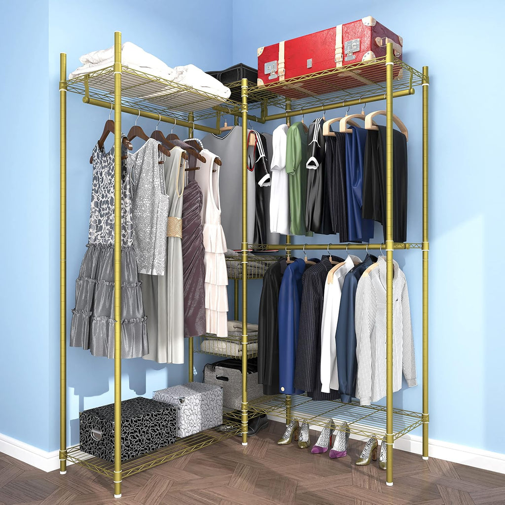 XIOFIO 6 Tiers Heavy Duty Garment Rack,Clothing Storage Organizer, Metal Clothing Rack,Clothing Rack with Hanging Rod,Adjustable Shelf and Fixed Baskets,60.7'L x 15.7'W x 70.5'H Max Load 720LBS,Gold