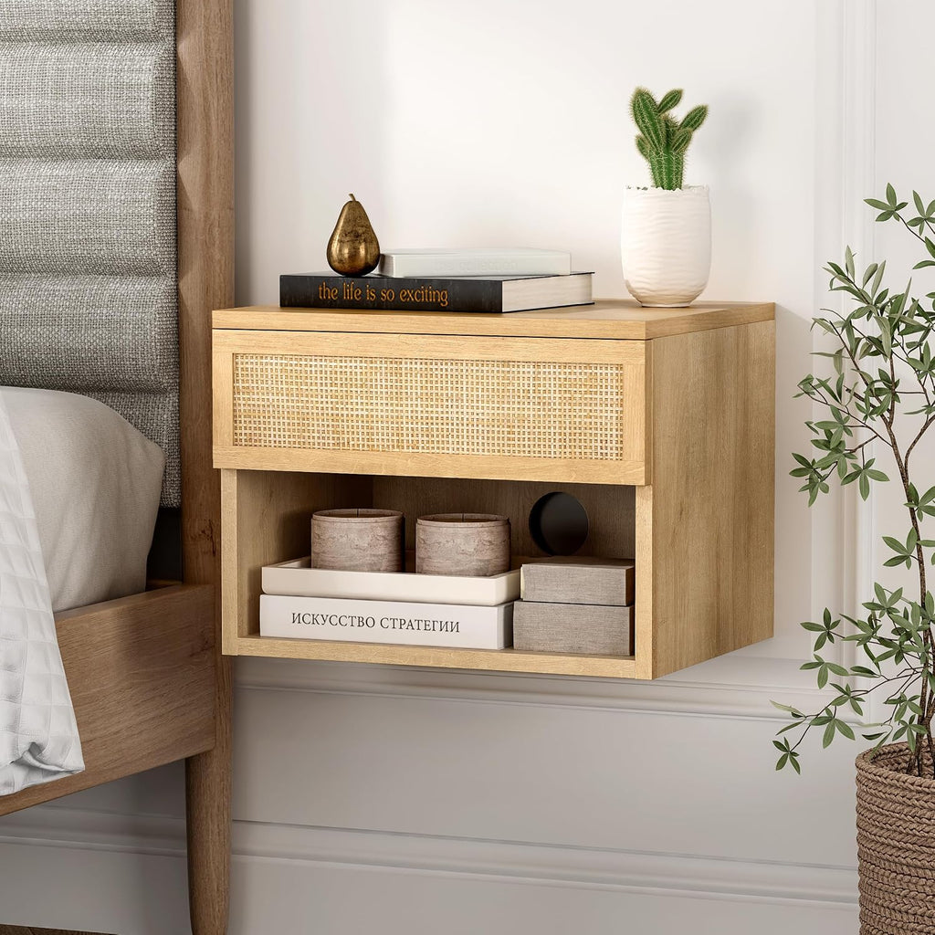 EYYTHUNG Small Rattan Floating Nightstands with Drawer Set of 4, Wall Mounted TV Stands with Open Compartment Modern Night Stand Wooden Bedside Table Storage Cabinet for Bedroom, Entryway Natural Oak