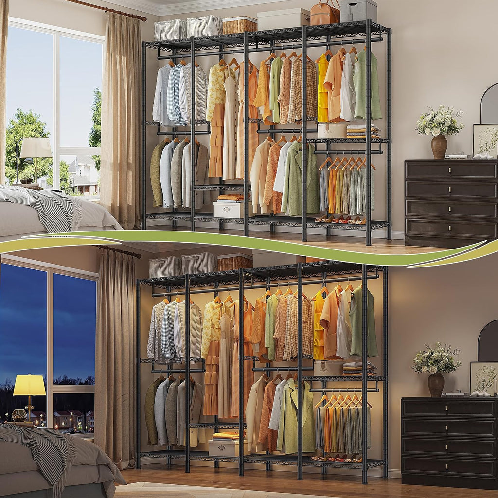Raybee Clothes Rack for Hanging Clothes,Clothing Rack with Shelves,Portable Closet,Adjustable,76' W x 77' H x 18' D,Max Load 1150lbs,Black