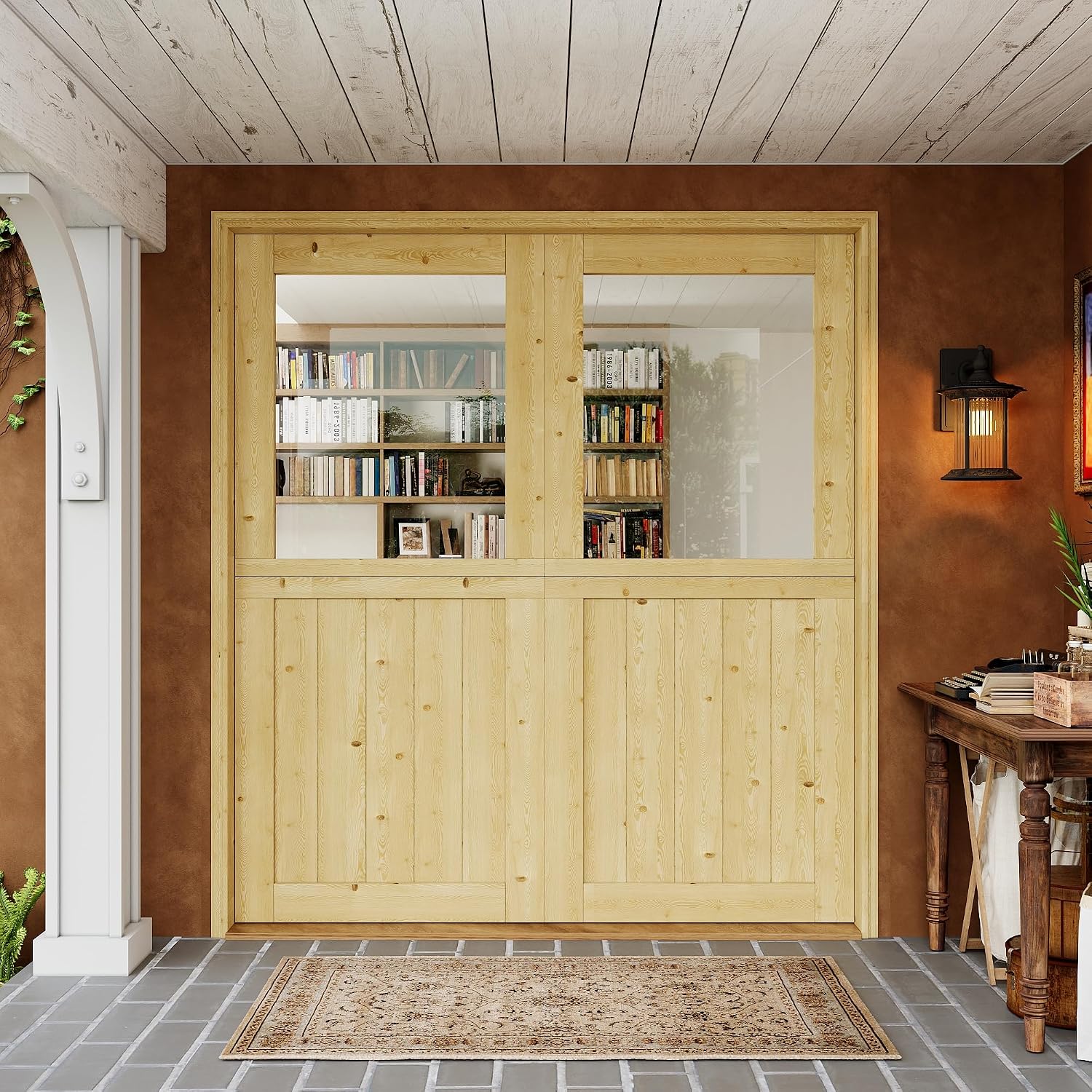 60x80(Double 30') Dutch Door Slab - 1.75' Thick Solid Pine Wood, 1-Lite Tempered Clear Glass Split Door for Interior Exterior Porch Backyard Entrance(8 Hinged + 2 Latch + 2 Slab)