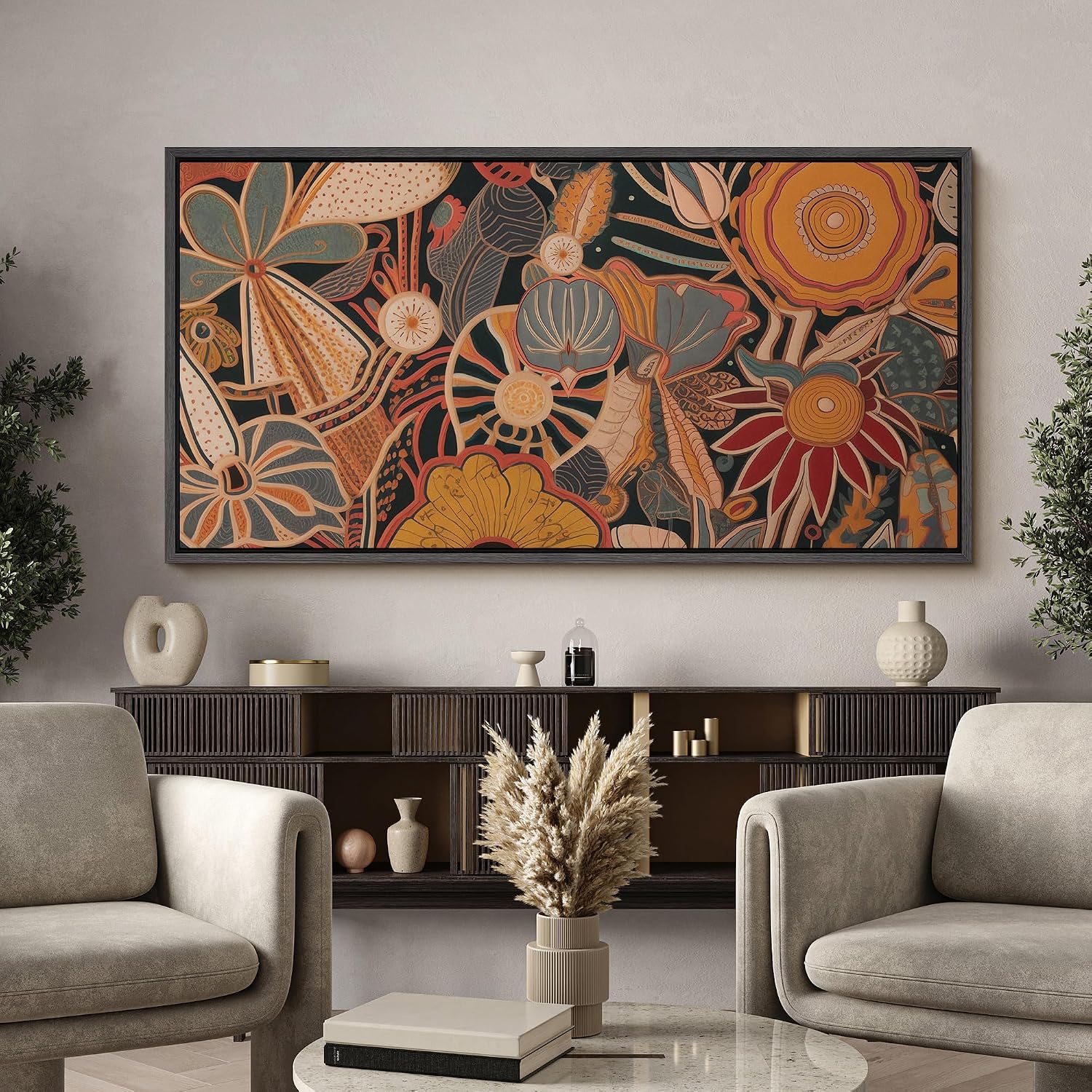 MUDECOR Extra Large Framed Canvas Print Wall Art Retro Botanical Abstraction Earth-Toned Vintage Floral Antique Retro Ready to Hang Painting for Living Room Bedroom Multi-Sizes - 60'x30'