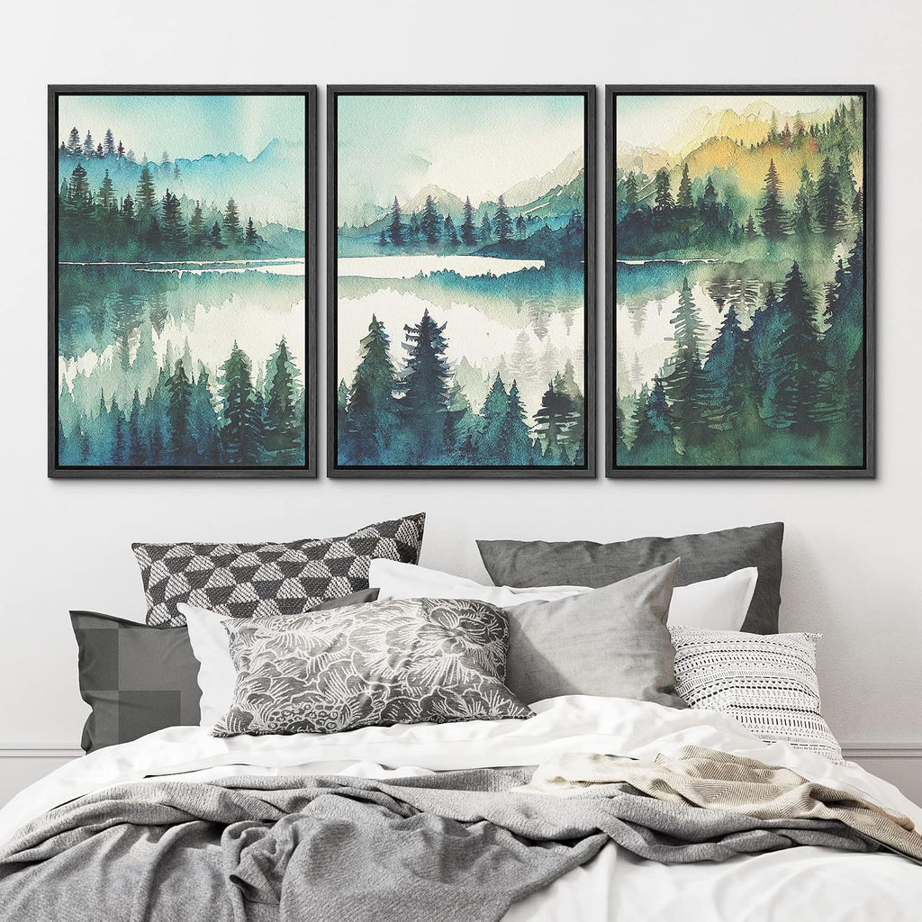 MUDECOR Framed Canvas Print Wall Art Set Watercolor Teal Emerald Green Mountain Range Forest Nature Wilderness Illustrations Modern Art Floral Cozy for Living Room, Bedroom, Office - 24'x36'x3 Black
