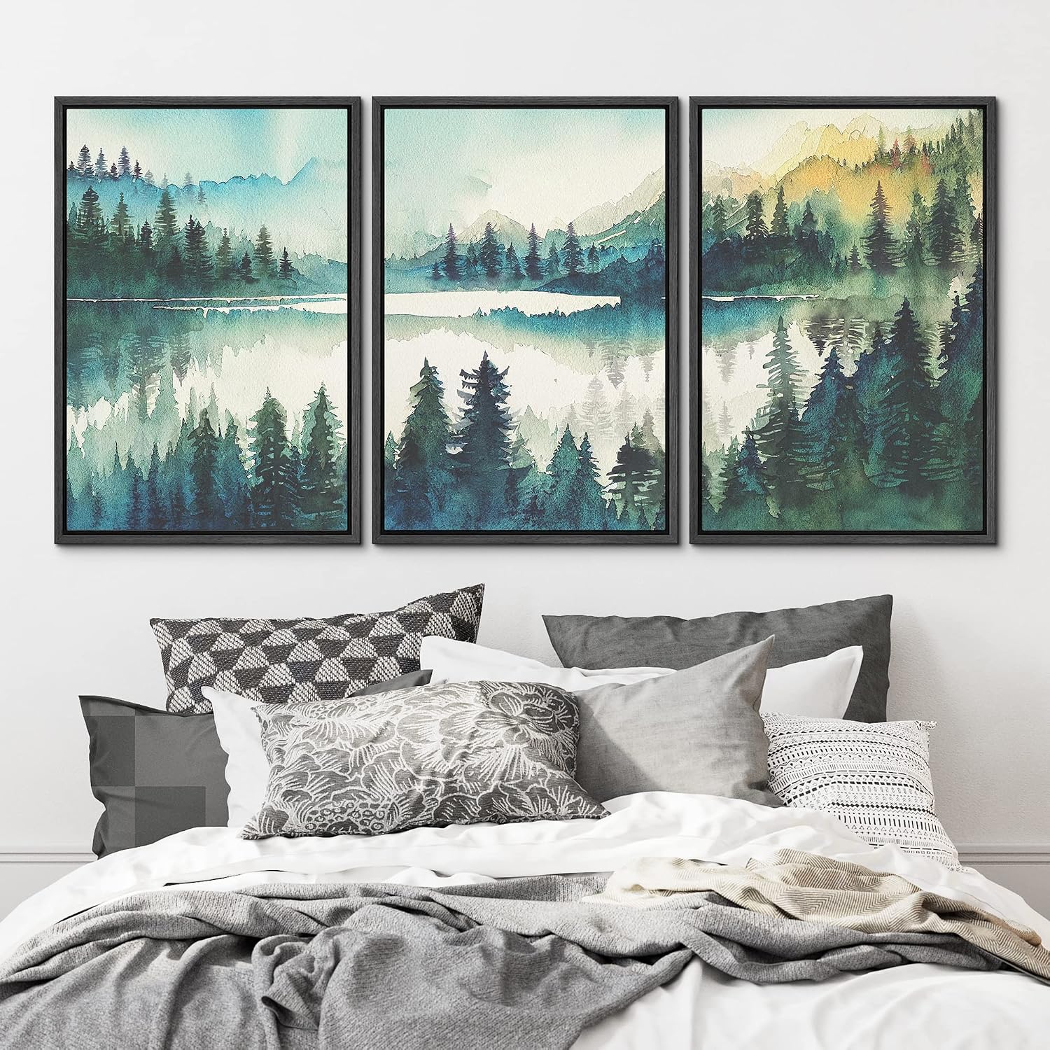 MUDECOR Framed Canvas Print Wall Art Set Watercolor Teal Emerald Green Mountain Range Forest Nature Wilderness Illustrations Modern Art Floral Cozy for Living Room, Bedroom, Office - 24'x36'x3 Black