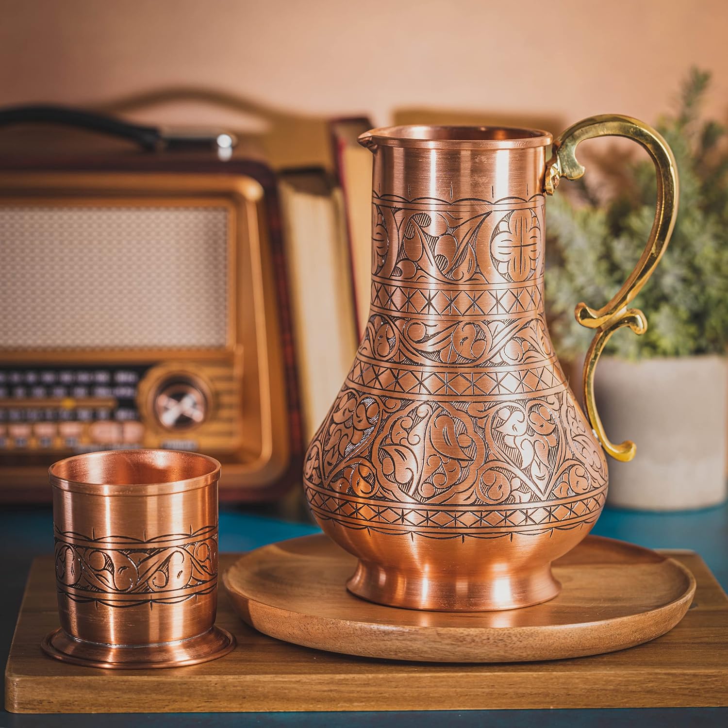 KS Series - Copper Pitcher (45 oz) and Cup (7.7 oz) Set, Moscow Mule Water Jug, Ice Tea and Juice Beverage, Desktop/Bedside Night Water Carafe, Ayurvedic Decanter (Engraved-Matte)