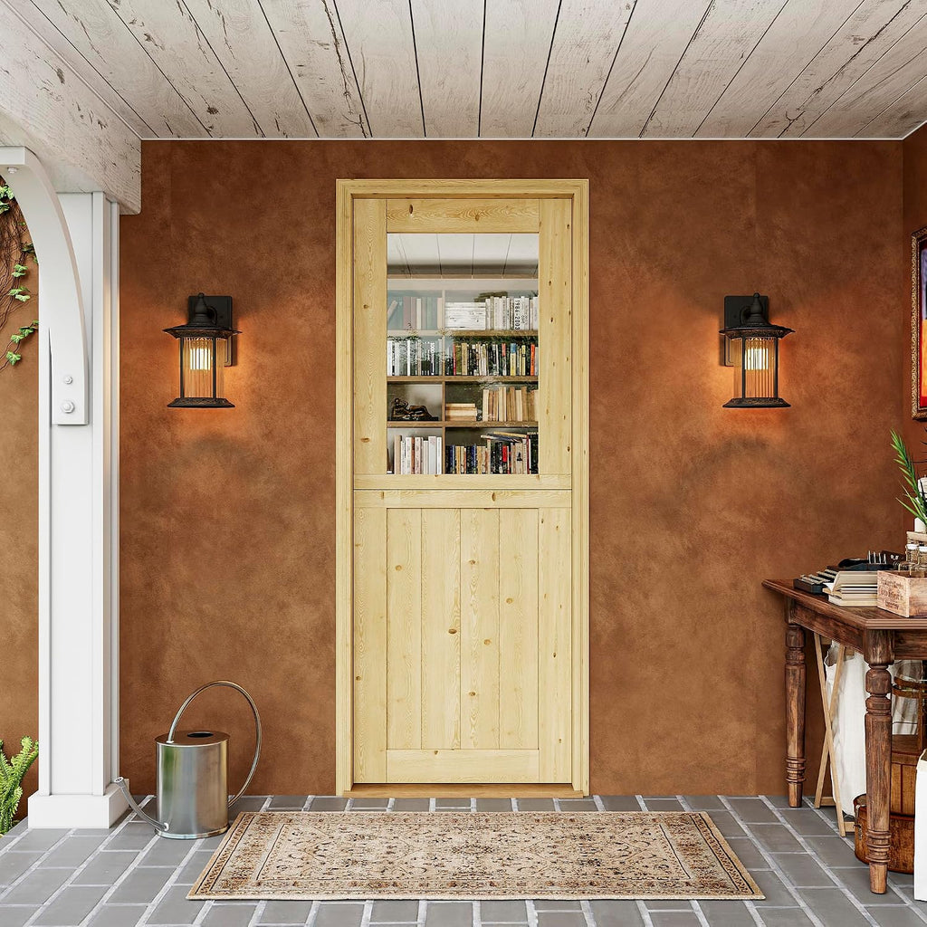 Interior & Exterior Dutch Door Slab, 30' x 80', Universal Tempered Clear Glass Split Single Doors, Solid Core Home Door, Natural Pine Wood - with 4 Black Hinges & 1 Latch, Without Jamb