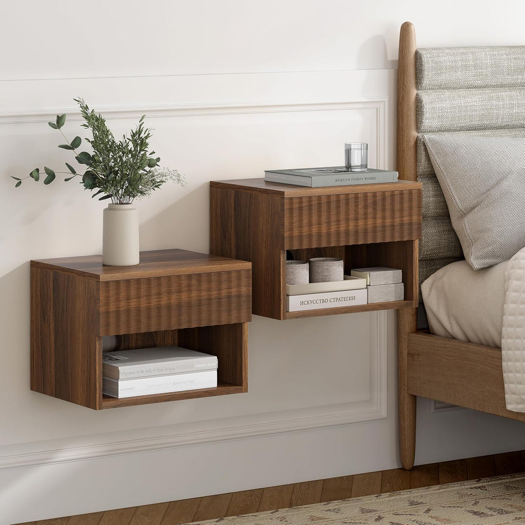 EYYTHUNG Floating Nightstand Set of 2 with Drawer, Fluted Modern Night Stand with Fluted Door and Open Storage Shelf Wall Mounted Bedside Table for Bedroom, Entryway Brown