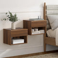 EYYTHUNG Floating Nightstand Set of 2 with Drawer, Fluted Modern Night Stand with Fluted Door and Open Storage Shelf Wall Mounted Bedside Table for Bedroom, Entryway Brown