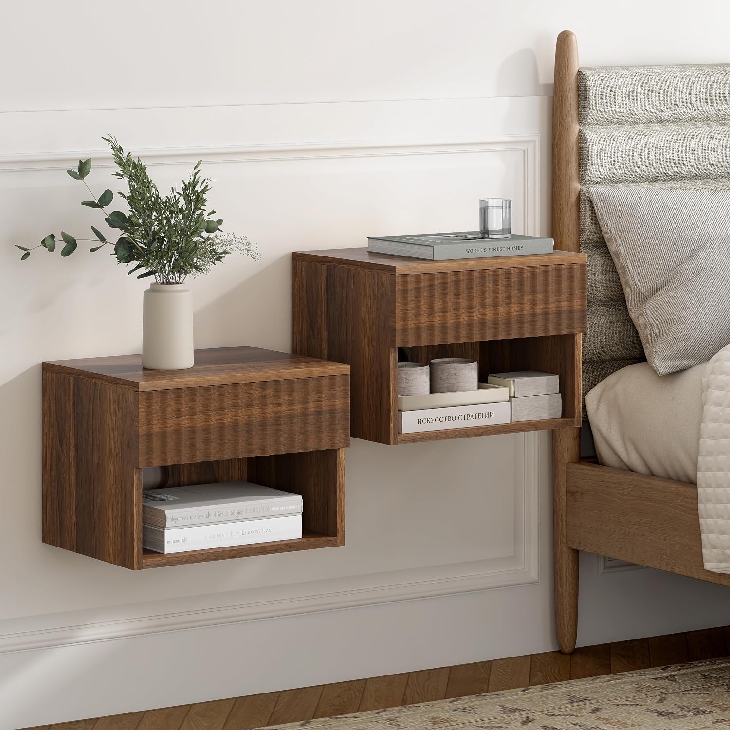 EYYTHUNG Floating Nightstand Set of 2 with Drawer, Fluted Modern Night Stand with Fluted Door and Open Storage Shelf Wall Mounted Bedside Table for Bedroom, Entryway Brown