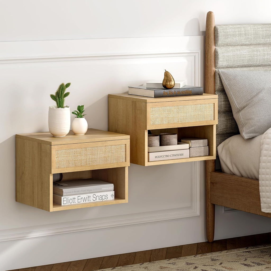 EYYTHUNG Small Rattan Floating Nightstands with Drawer Set of 4, Wall Mounted TV Stands with Open Compartment Modern Night Stand Wooden Bedside Table Storage Cabinet for Bedroom, Entryway Natural Oak