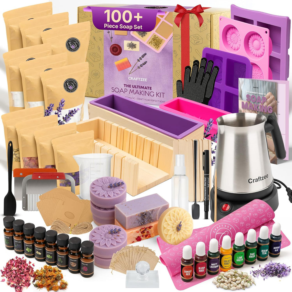 CraftZee 𝗦𝗨𝗣𝗘𝗥 𝗗𝗘𝗟𝗨𝗫𝗘 Soap Making Kit - All-in-One Soap Making Supplies with 6lbs Soap Base, 8 Dyes, 8 Essential Oils, Silicone Molds, Cutters, All Essential Tools & Instructions