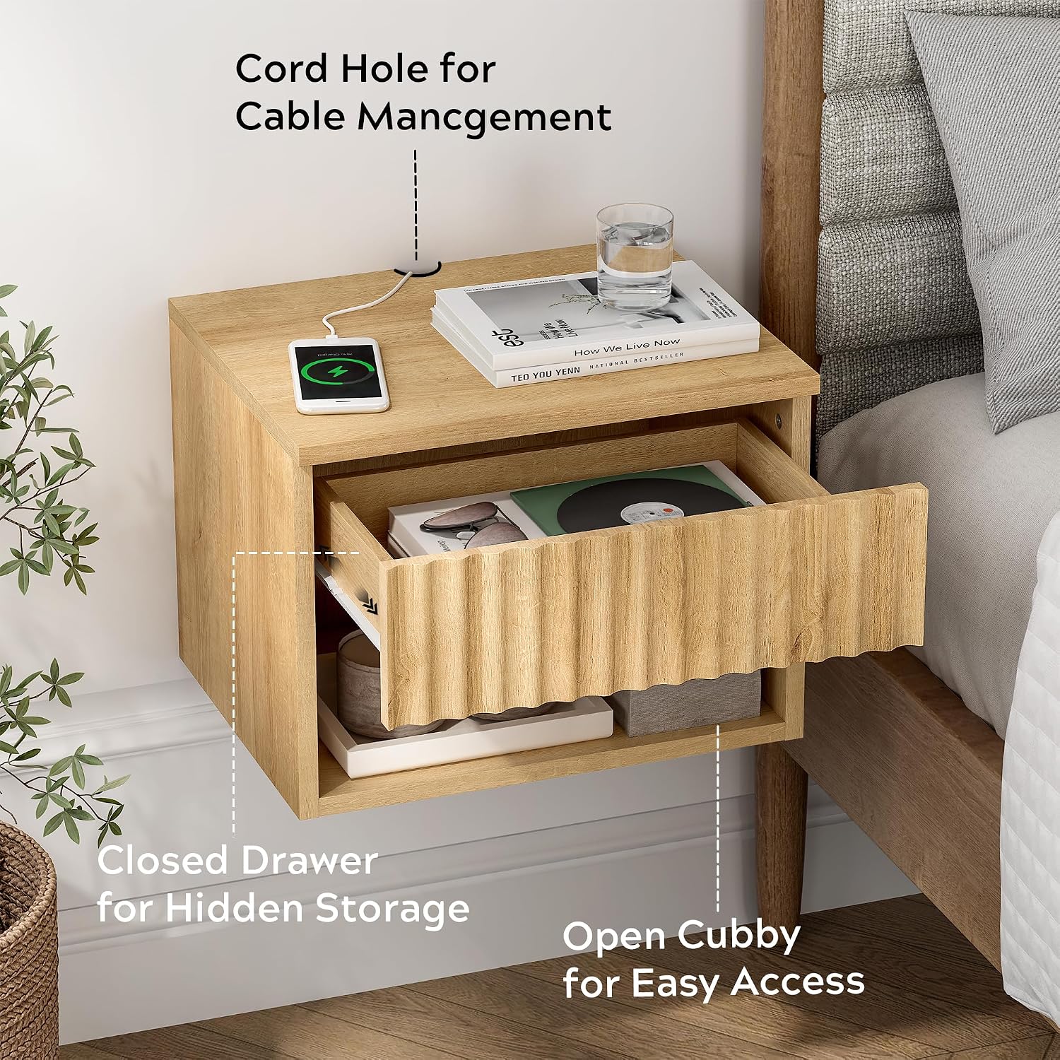 EYYTHUNG Fluted TV Stands Set of 4, Modern Small Floating Nightstand with Drawer and Open Storage Shelf Night Stand Wall Mounted Bedside Tables Natural Oak