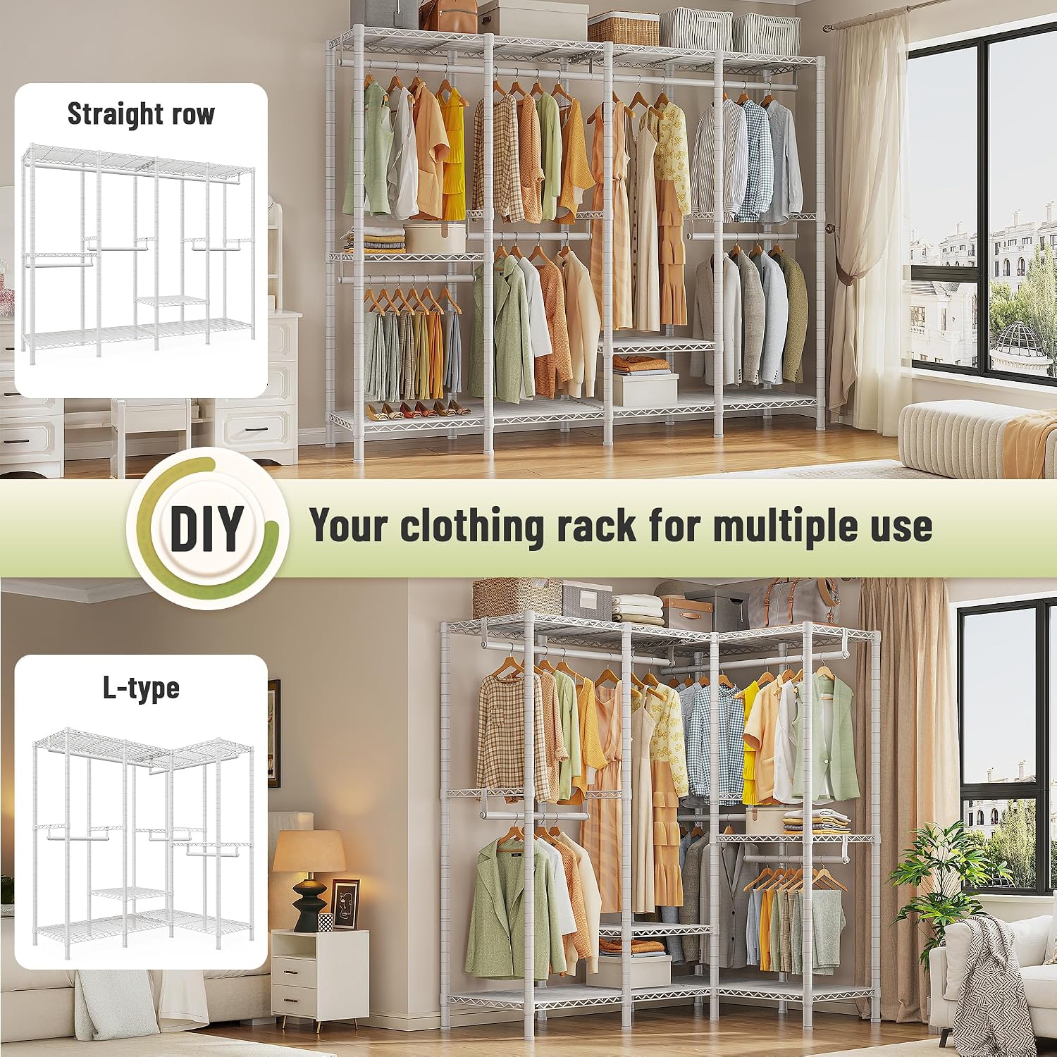 Raybee Clothing Racks for Hanging Clothes,Heavy Duty Clothes Rack with Shelves,Portable Closet Adjustable,76' W x 77' H x 18' D,Max Load 1150lbs,White
