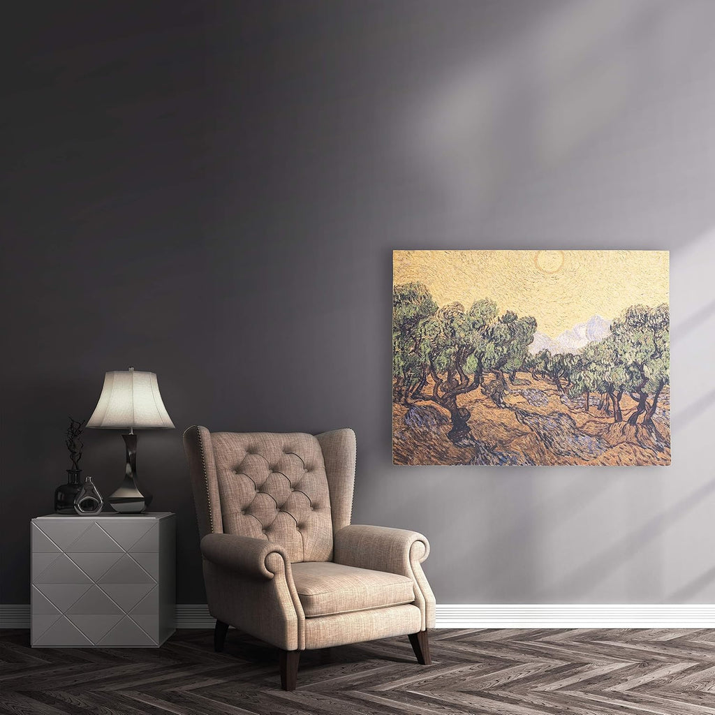Olive Trees with Yellow Sky and Sun by Vincent van Gogh | Woven Tapestry Wall Art Hanging | Wild Olive Trees in Bright Sun | 100% Cotton USA Size 53x40