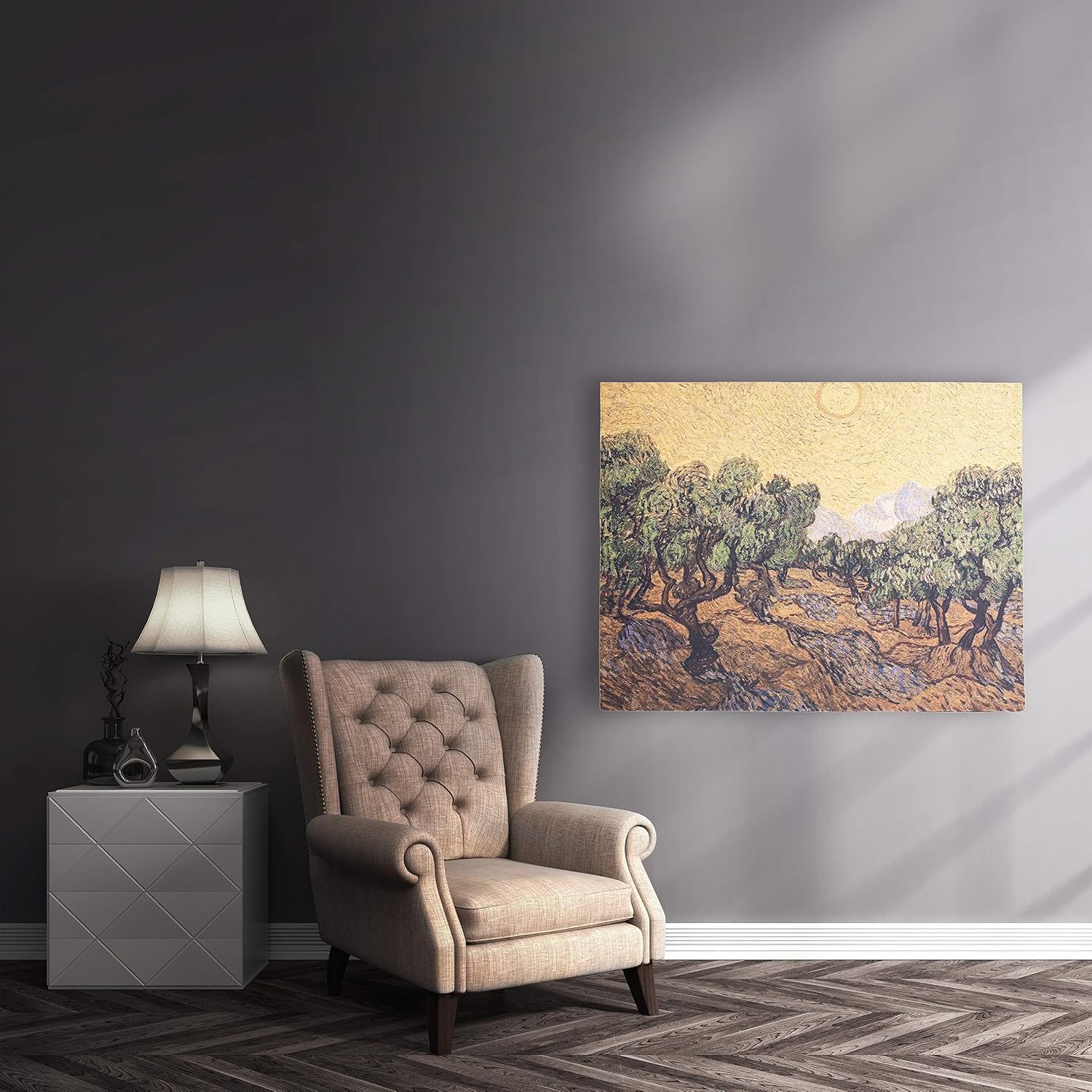 Olive Trees with Yellow Sky and Sun by Vincent van Gogh | Woven Tapestry Wall Art Hanging | Wild Olive Trees in Bright Sun | 100% Cotton USA Size 53x40