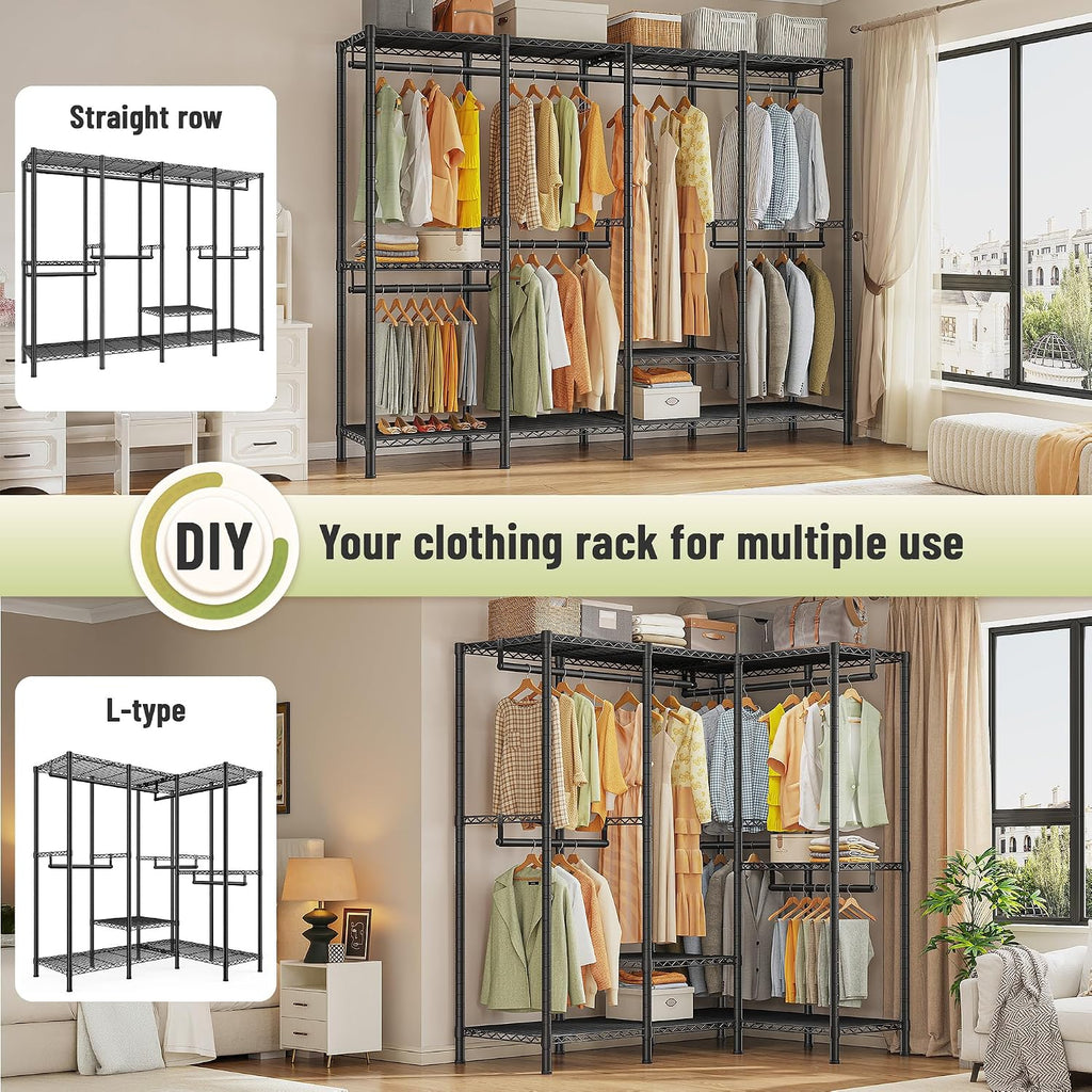 Raybee Clothes Rack for Hanging Clothes,Clothing Rack with Shelves,Portable Closet,Adjustable,76' W x 77' H x 18' D,Max Load 1150lbs,Black