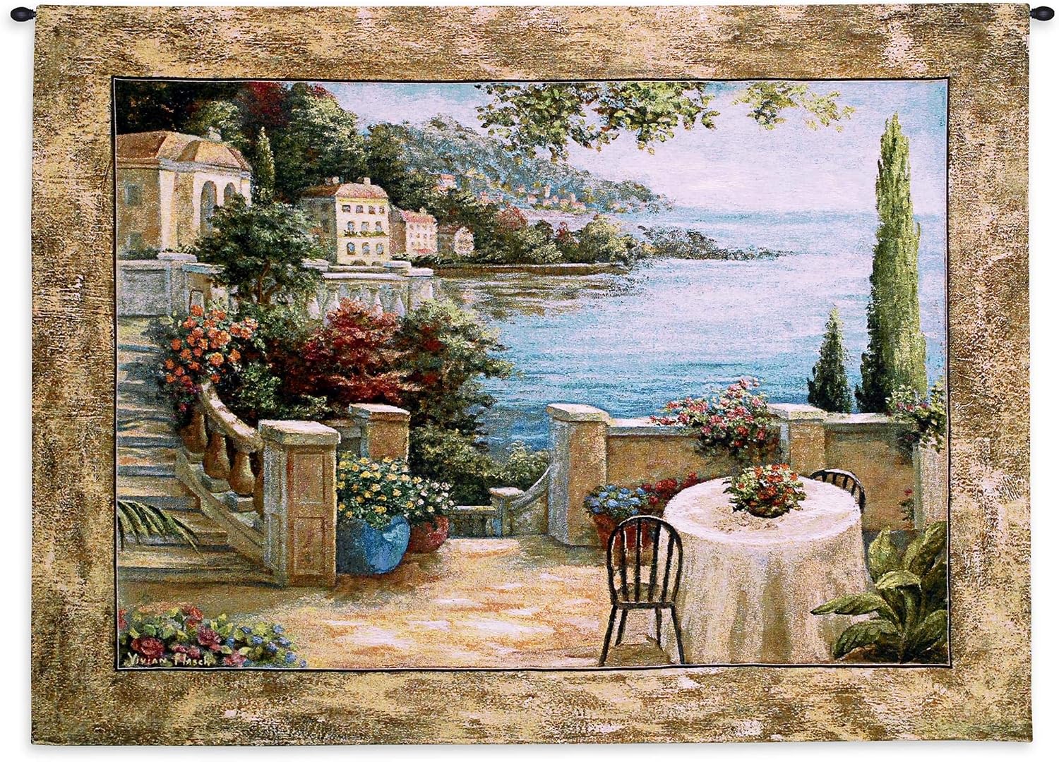 Mediterranean Terrace II by Vivian Flasch | Woven Tapestry Wall Art Hanging | Italian Villa Seaside Coastal Theme | 100% Cotton USA Size 54x41