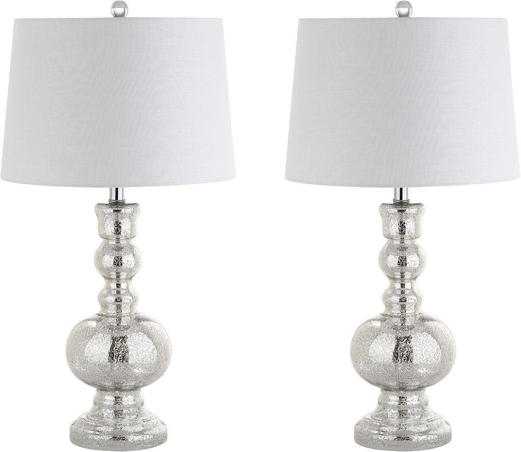 JONATHAN Y 28.5' Mercury Silver Glass Table Lamp Set of 2 for Living Room Bedroom Decor, Modern Bedside Lamps with White Linen Shade, LED Bulbs Included (JYL1061D-SET2)