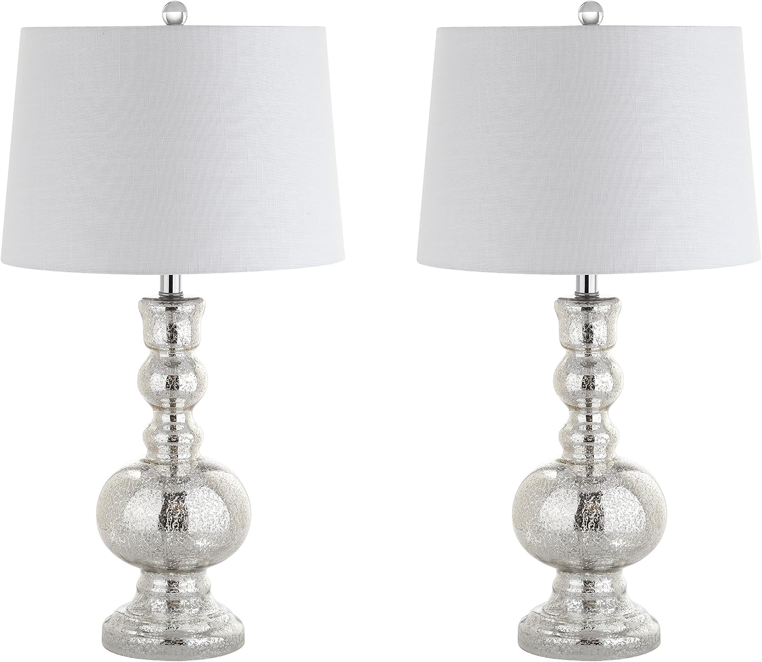 JONATHAN Y 28.5' Mercury Silver Glass Table Lamp Set of 2 for Living Room Bedroom Decor, Modern Bedside Lamps with White Linen Shade, LED Bulbs Included (JYL1061D-SET2)