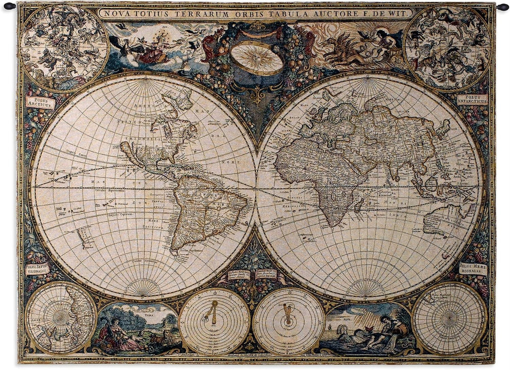 Old World Map by Frederik De Wit | Woven Tapestry Wall Art Hanging | Vintage Geographic with Antique Motifs | 100% Cotton USA Size 53x38