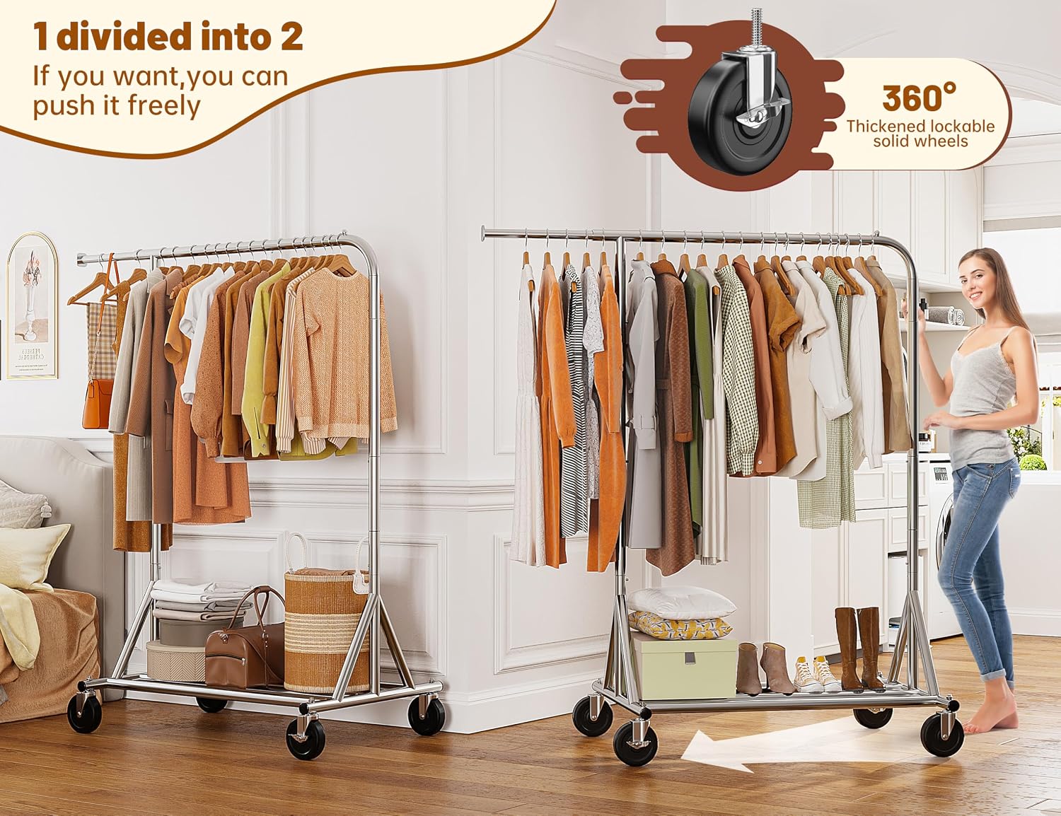 Raybee Heavy-Duty Clothes Rack, 117' W Rolling Rack with Wheels, 600 LBS Load Capacity, Holds 240+ Clothes, Portable, Adjustable, Commercial Garment Rack