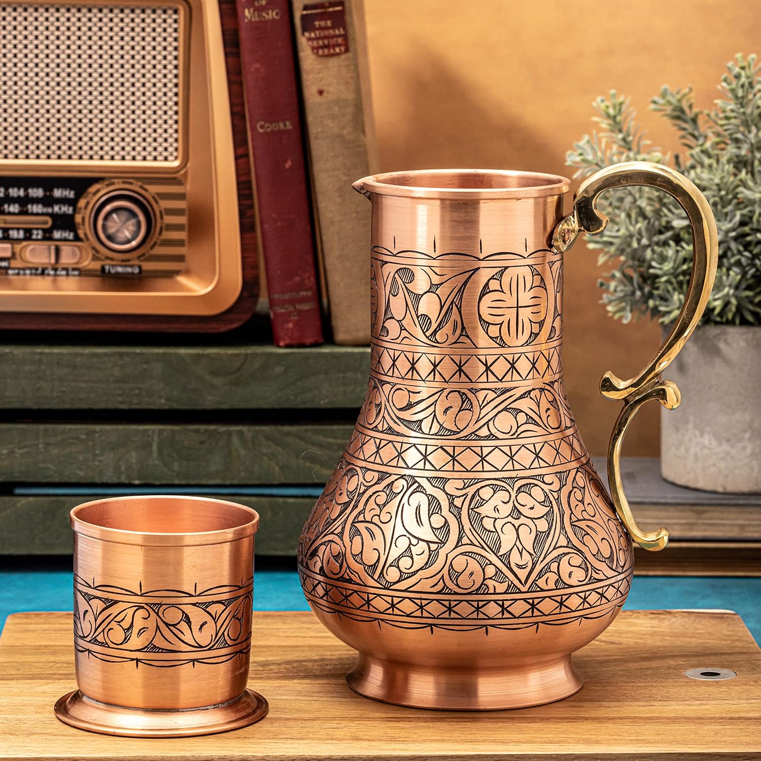 KS Series - Copper Pitcher (45 oz) and Cup (7.7 oz) Set, Moscow Mule Water Jug, Ice Tea and Juice Beverage, Desktop/Bedside Night Water Carafe, Ayurvedic Decanter (Engraved-Matte)