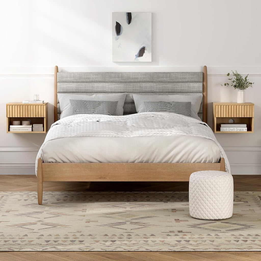 EYYTHUNG Small Floating Nightstand Set of 2, Modern Fluted Night Stand with Drawer and Open Storage Shelf Wall Mounted Bedside Tables Natural Oak