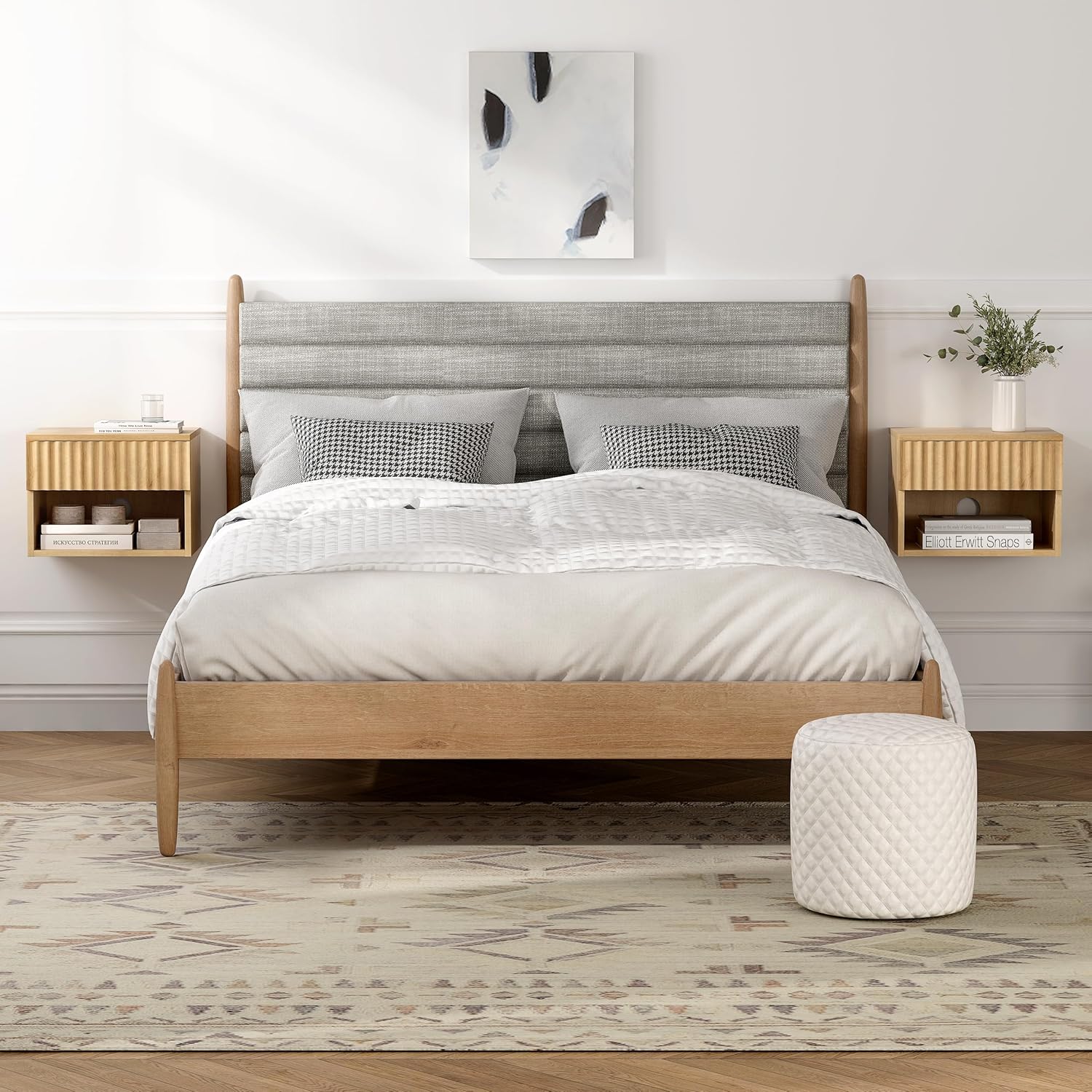 EYYTHUNG Small Floating Nightstand Set of 2, Modern Fluted Night Stand with Drawer and Open Storage Shelf Wall Mounted Bedside Tables Natural Oak