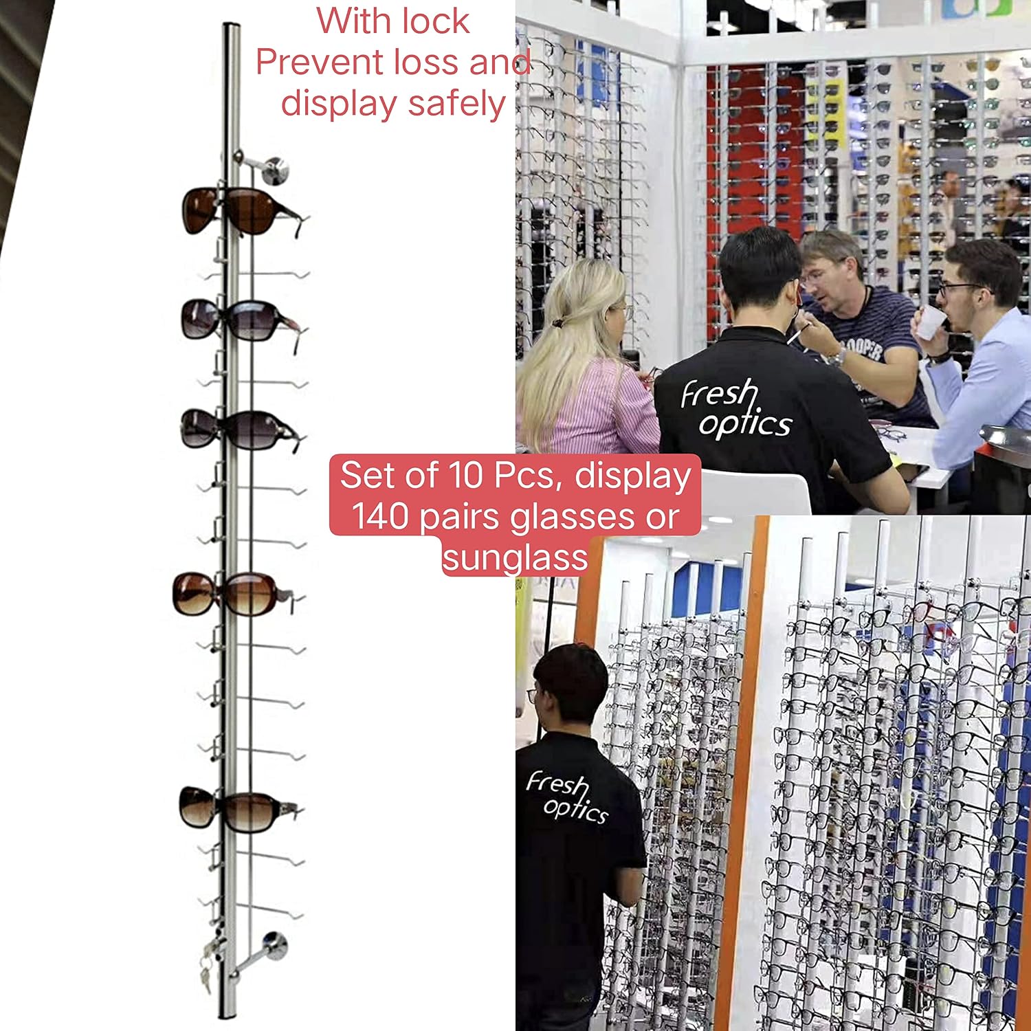 (with Lock)10 Set Retail Display for 140 Sunglass Glasses, Sunglasses Holder Rack, Sunglass Display Stan, Wall Eyewear Holder Eyeglass Rack Sunglass Organizer Eyeglasses Storage