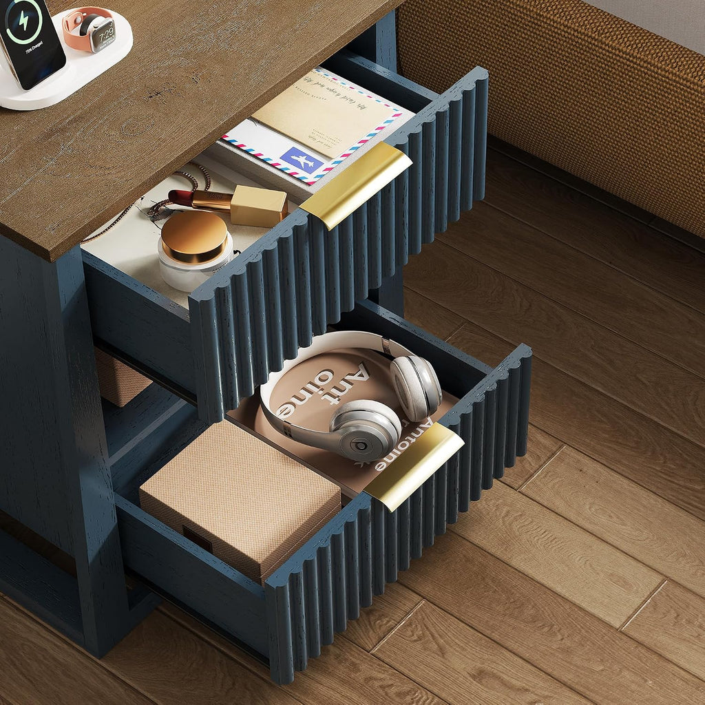 HIFYOBRO Fluted End Table with Charging Station and Motion Sensor Light, Modern Blue Side Table with 2 Drawers and Storage Shelf for Living Room, Bedroom, Guest Room