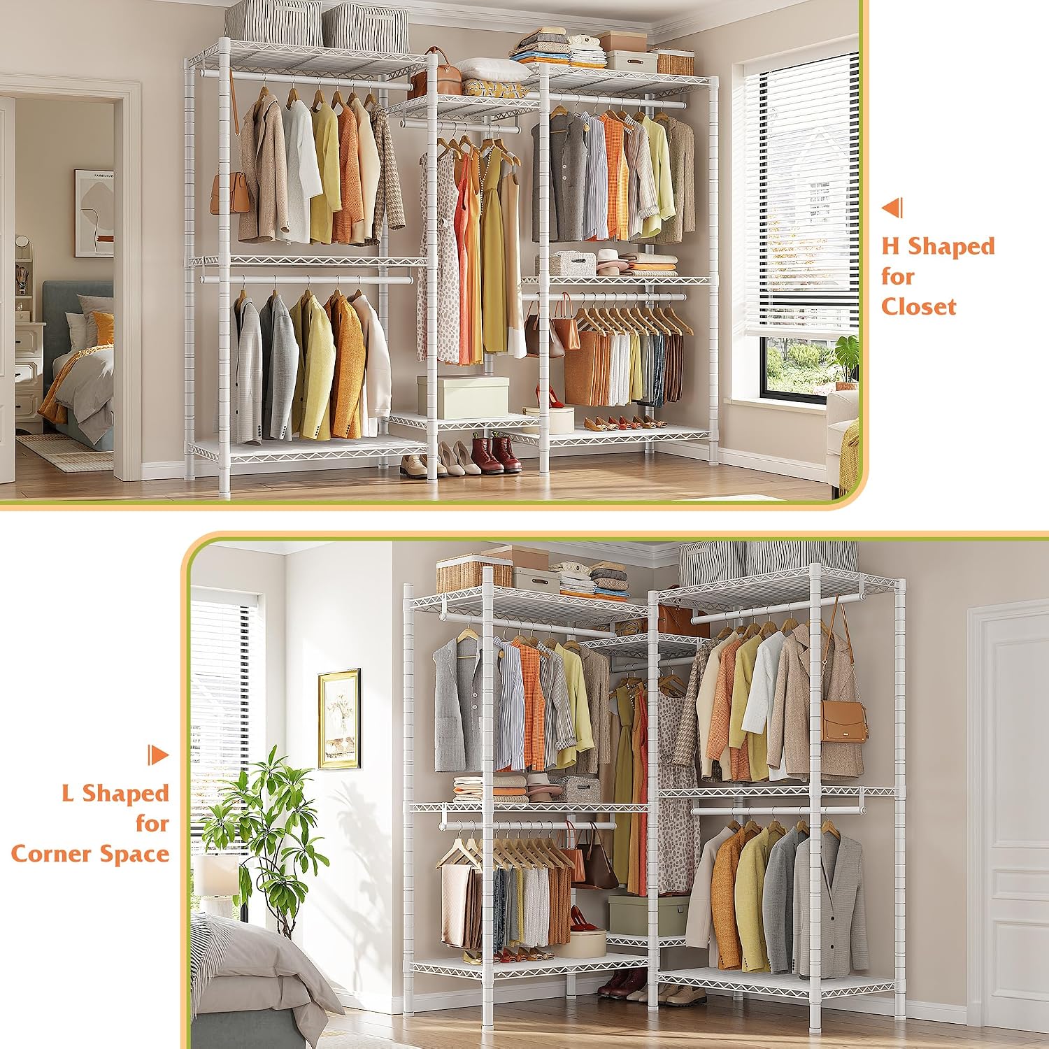 Raybee Clothes Rack, Clothing Racks for Hanging Clothes, L Shaped Clothing Rack for Corner 900LBS Heavy Duty Clothes Rack Garment Rack 74.5' W X 18' D X 77' H, White