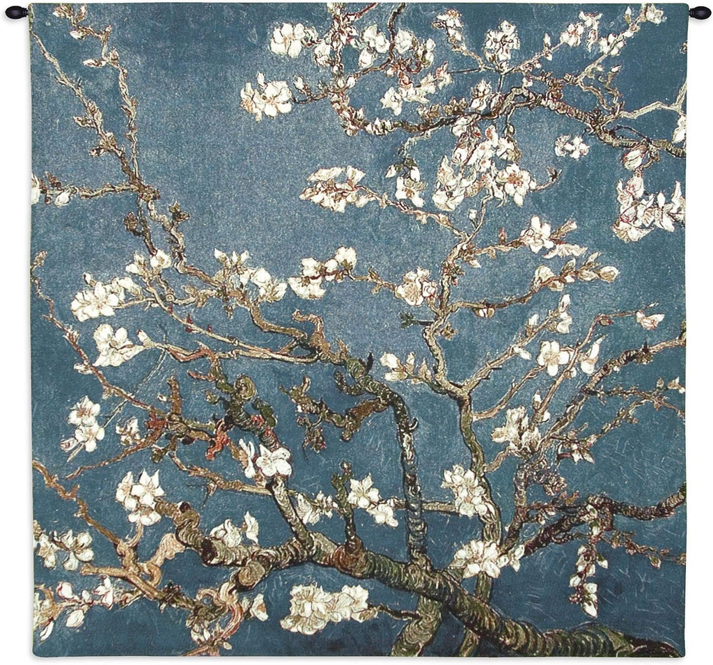 Blossoming Almond Tree by Vincent van Gogh | Woven Tapestry Wall Art Hanging | Contrasting Scenery with White Flowers | 100% Cotton USA Size 51x51