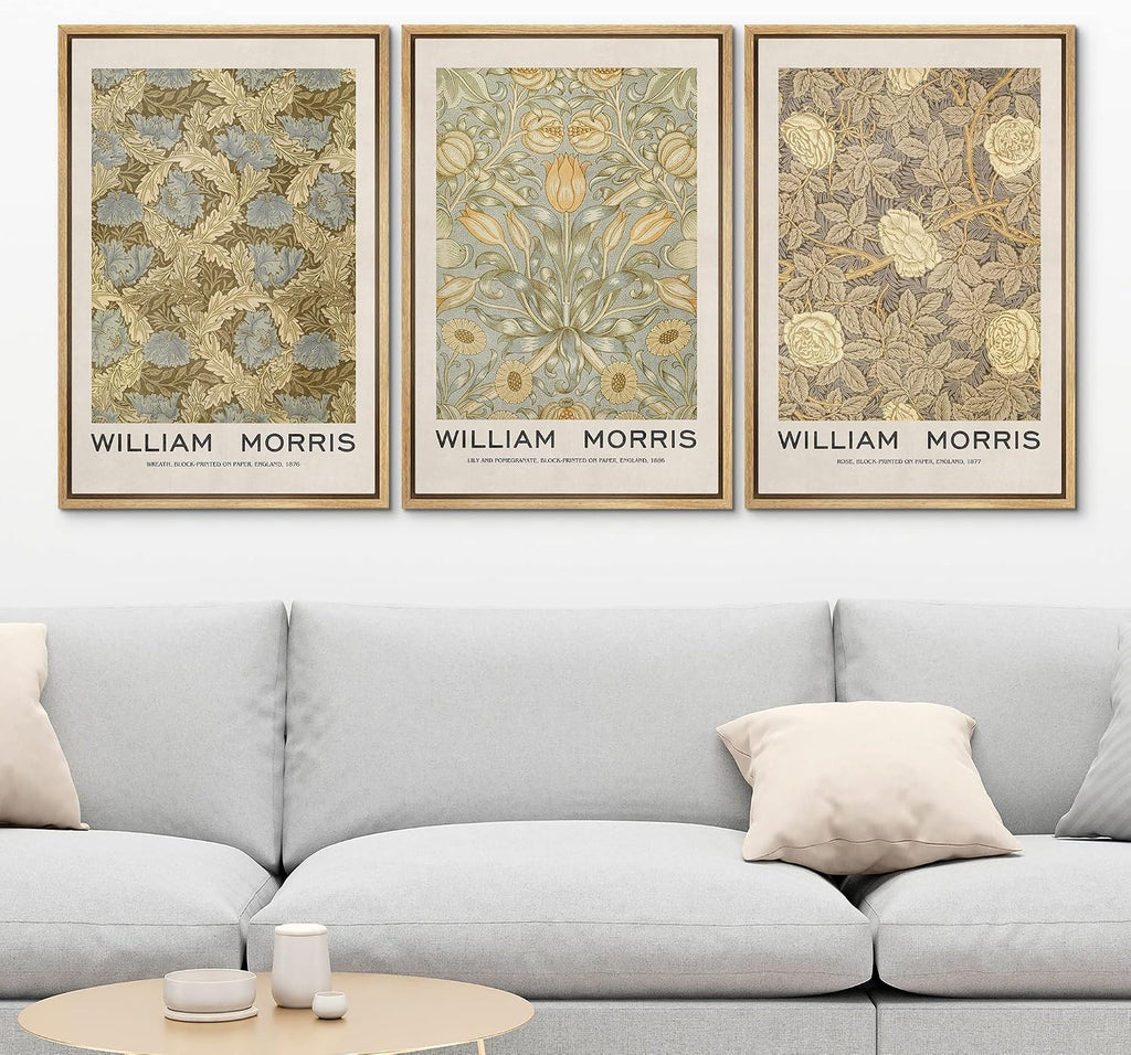 MUDECOR Framed Canvas Print Wall Art Set William Morris Floral Tapestry Pattern Nature Wilderness Wilderness Illustration Modern Art Decorative Realism Rustic Vintage for Bedroom - 24'x36'x3 Natural